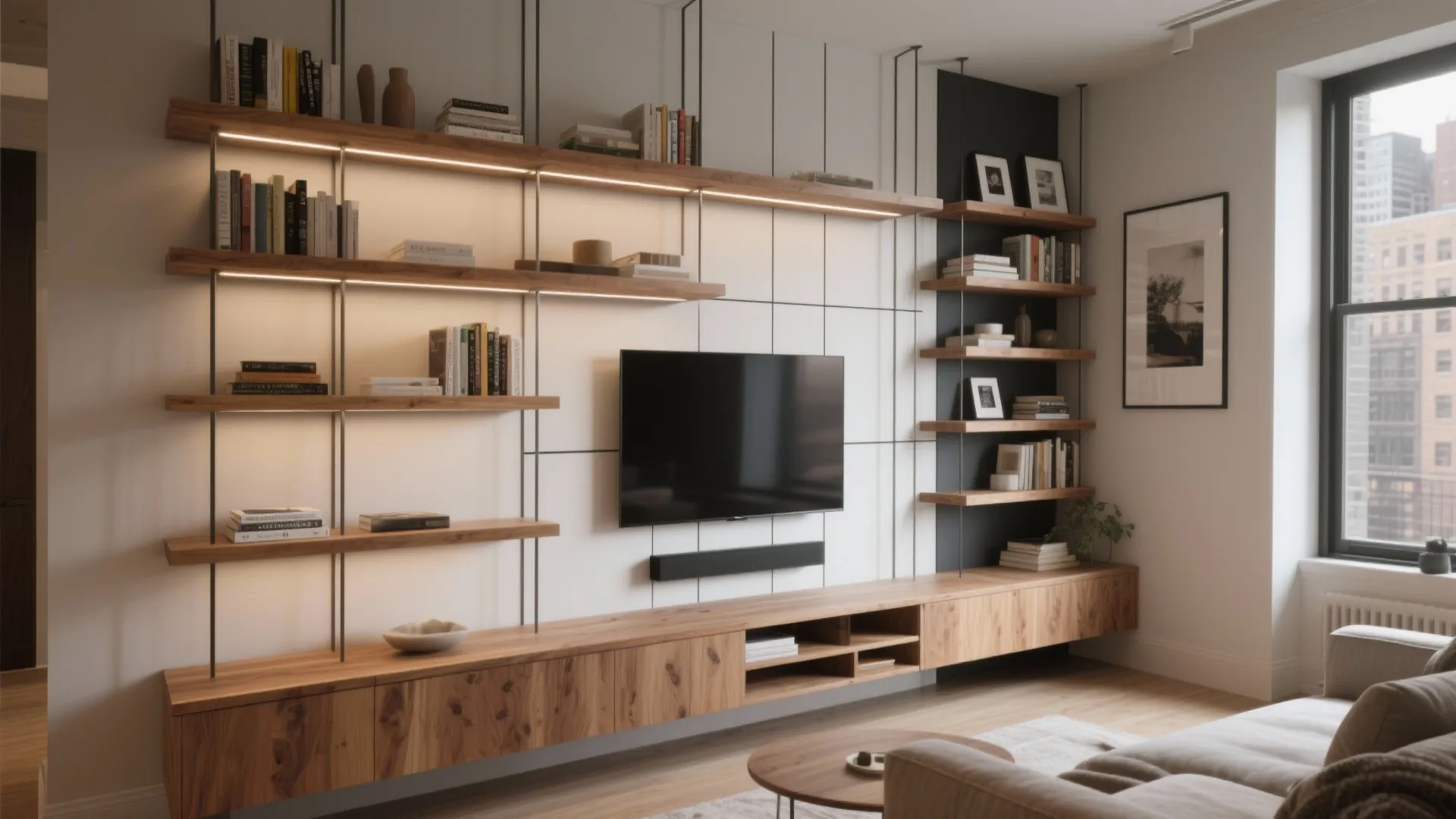 Modern living room with wooden wall shelves and a television mounted on a white wall
