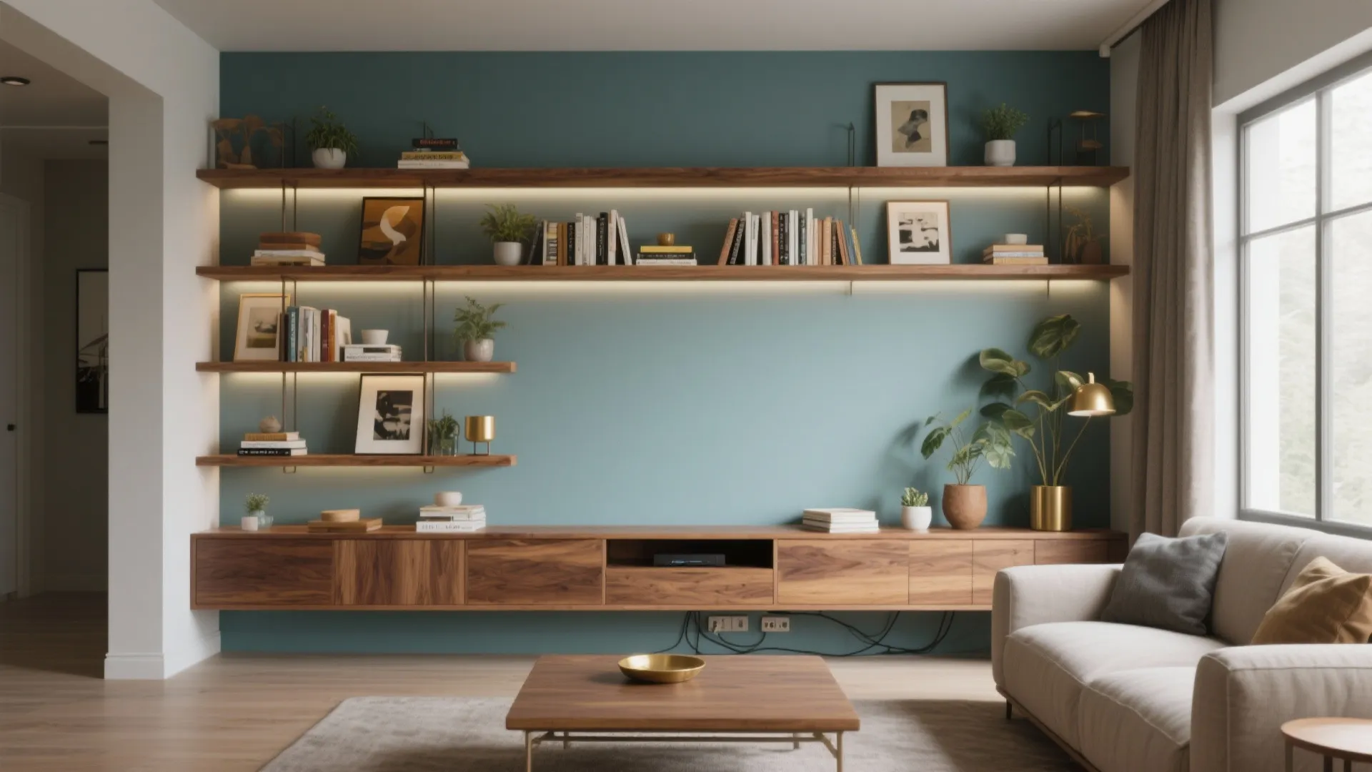 Modern living room featuring blue accent wall with wooden shelves, books, plants, and white sofa