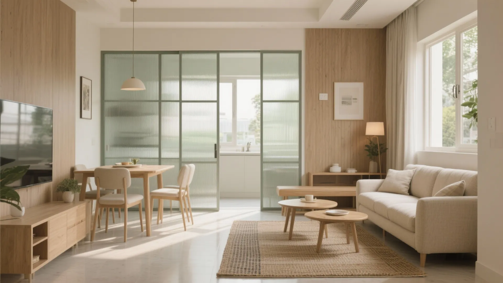 Flexible living–dining with sliding partitions