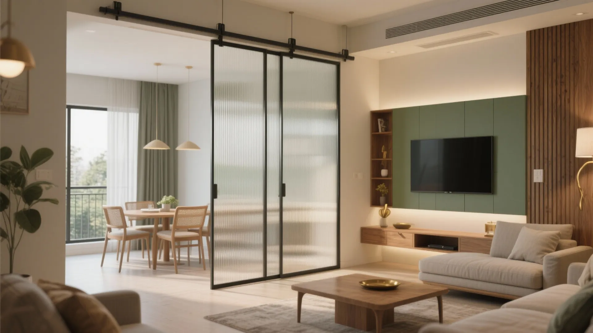 Open living–dining with sliding partitions