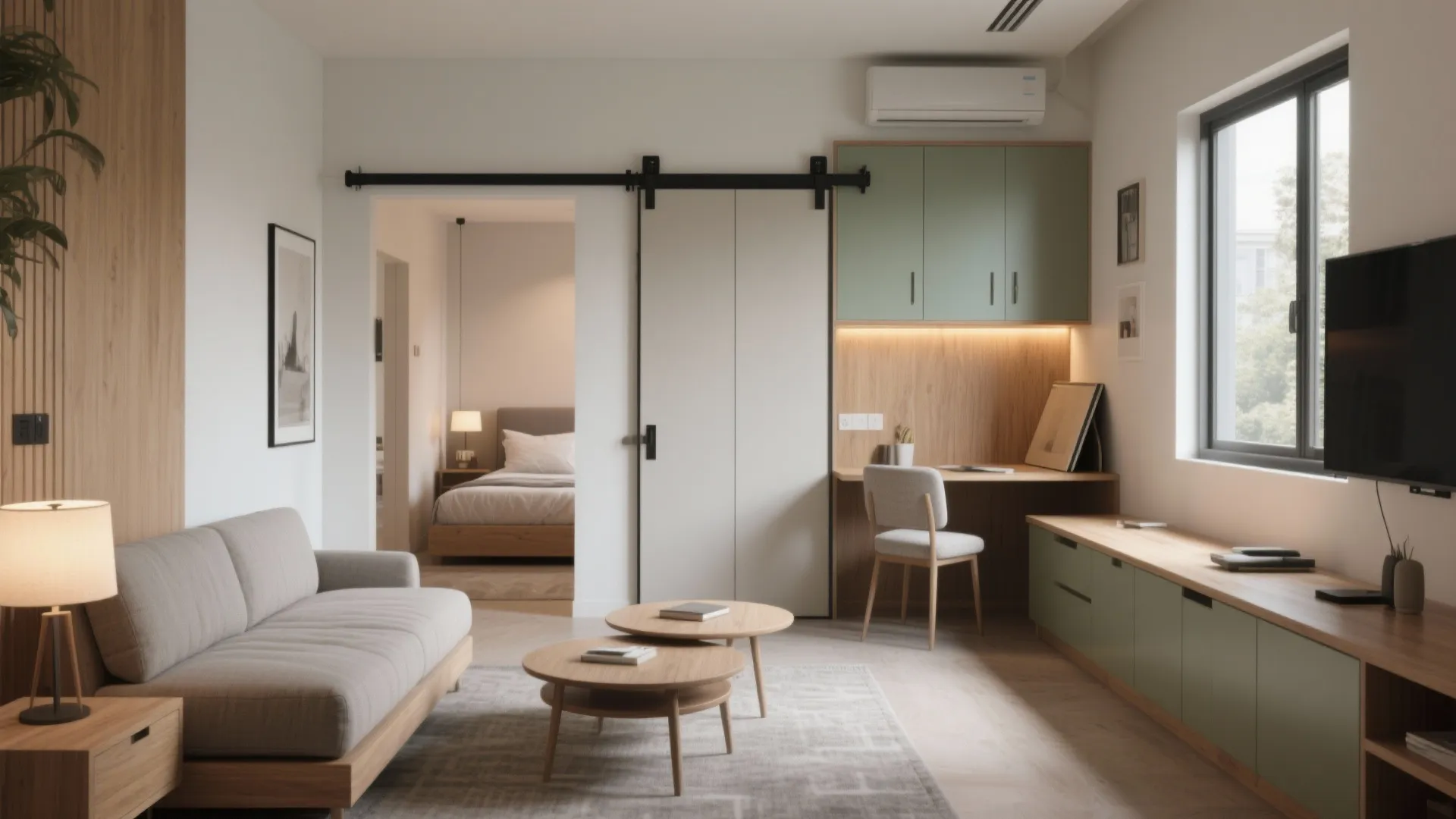 Studio apartment interior with sliding door workspace green cabinets sofa and view of the bedroom