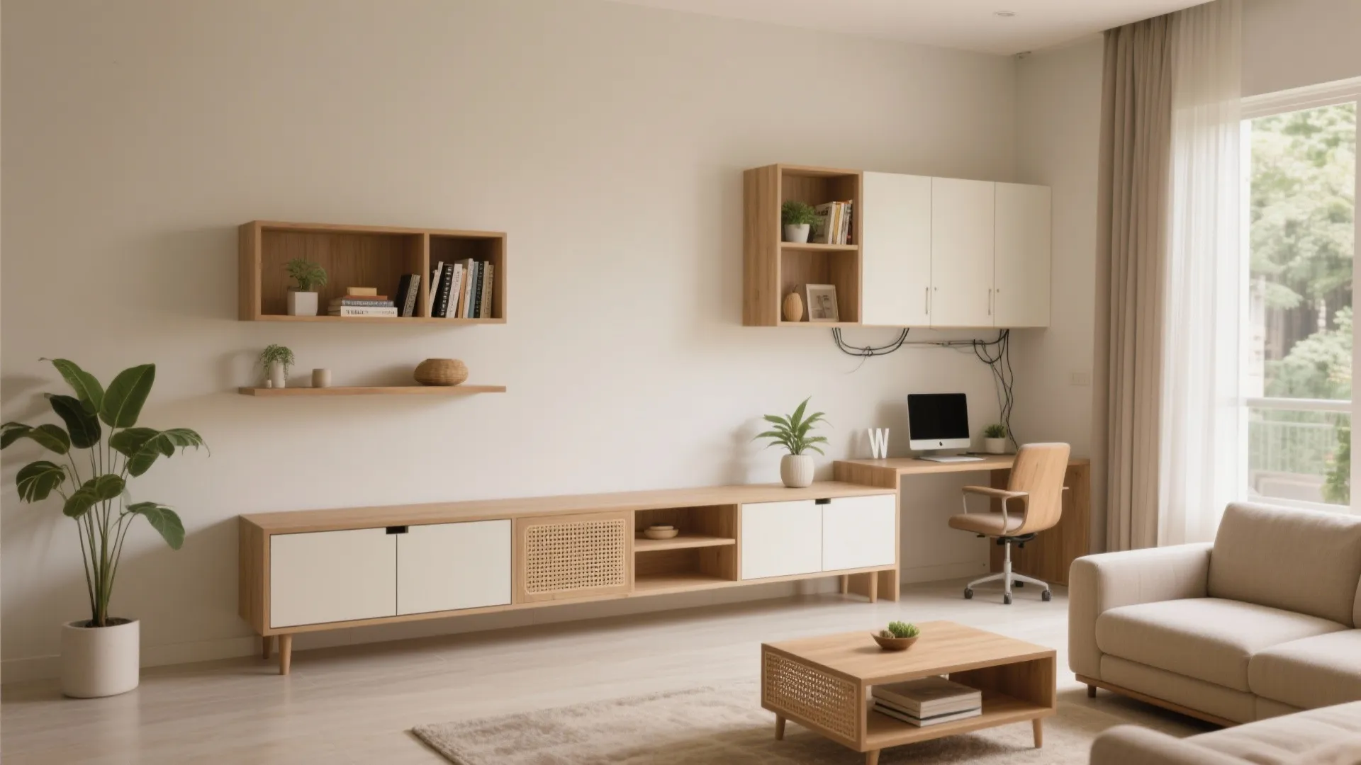 Minimal, multi-use living room storage