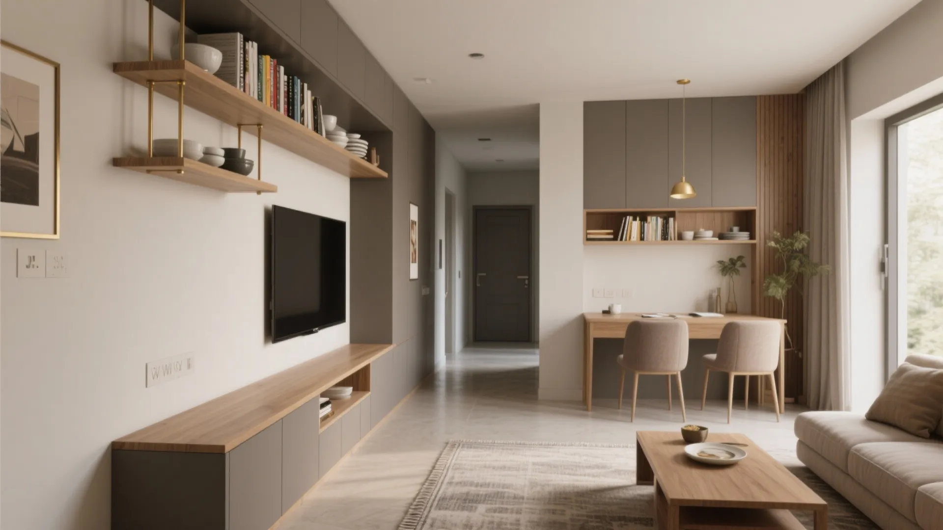 1) Minimal Built-Ins Along One Wall (The Living–Dining Spine)