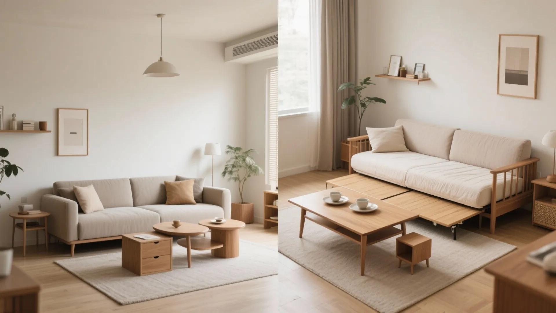 Transformable living: sofa-bed, fold table, and zoning