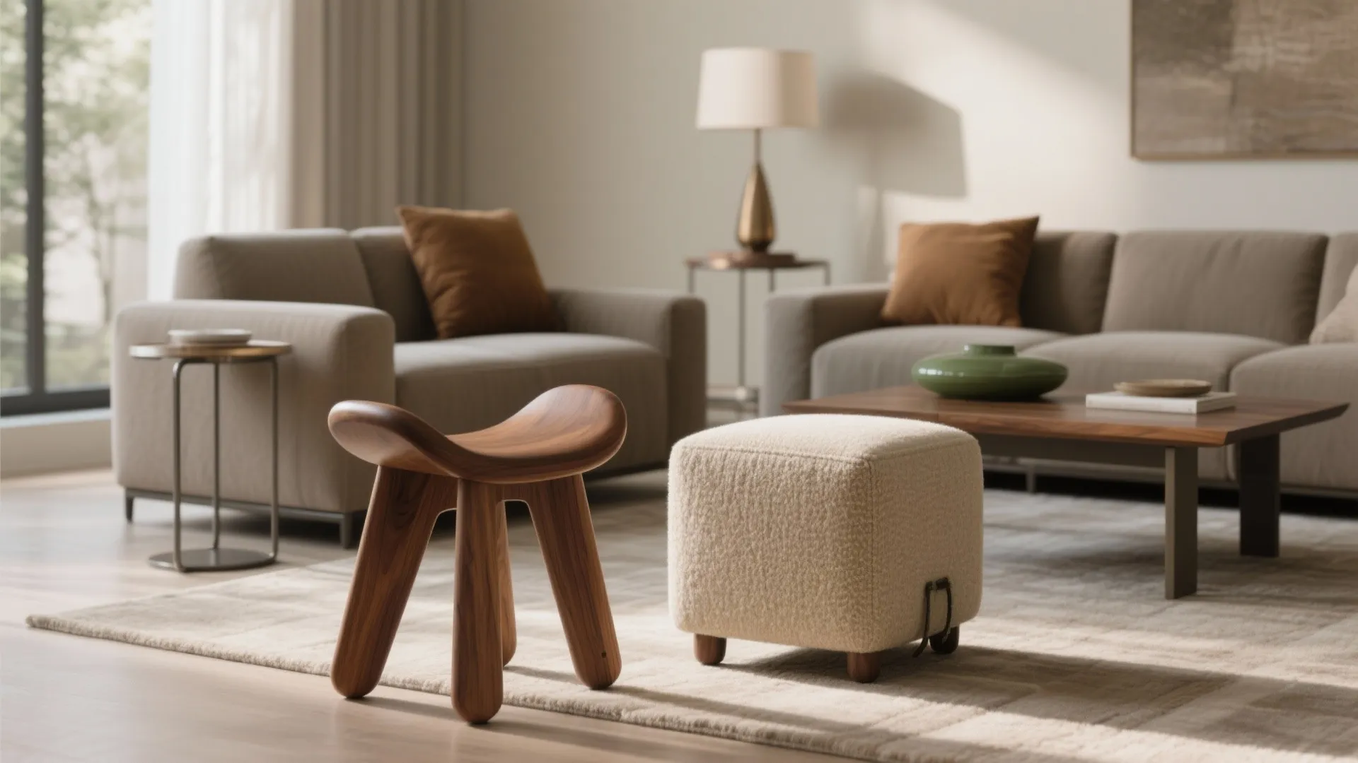 Modern living room featuring a wooden stool and cream footrest near sofas with brown pillows