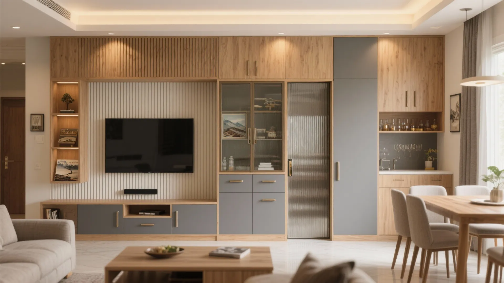 Living-dining storage wall with concealed doors and warm materials