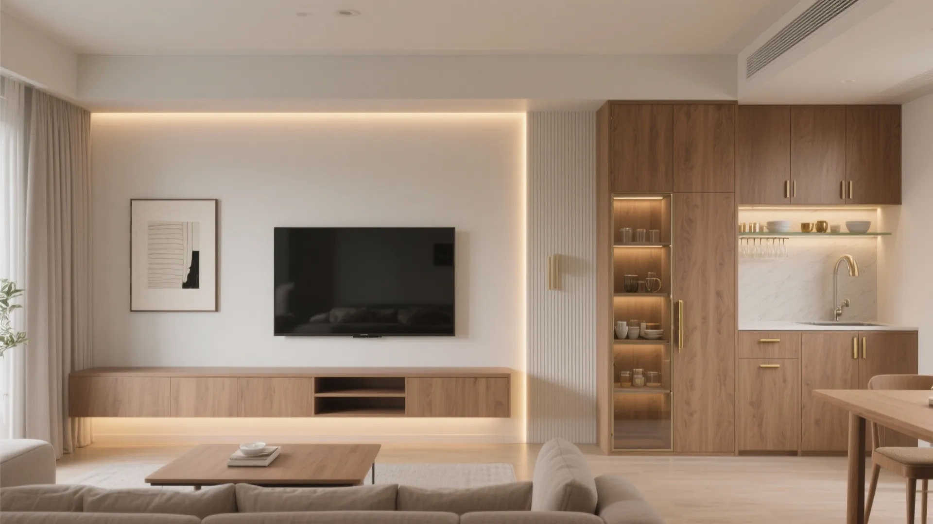 Minimalist living room wall featuring television cabinet with integrated lights and tall wooden storage cabinet unit