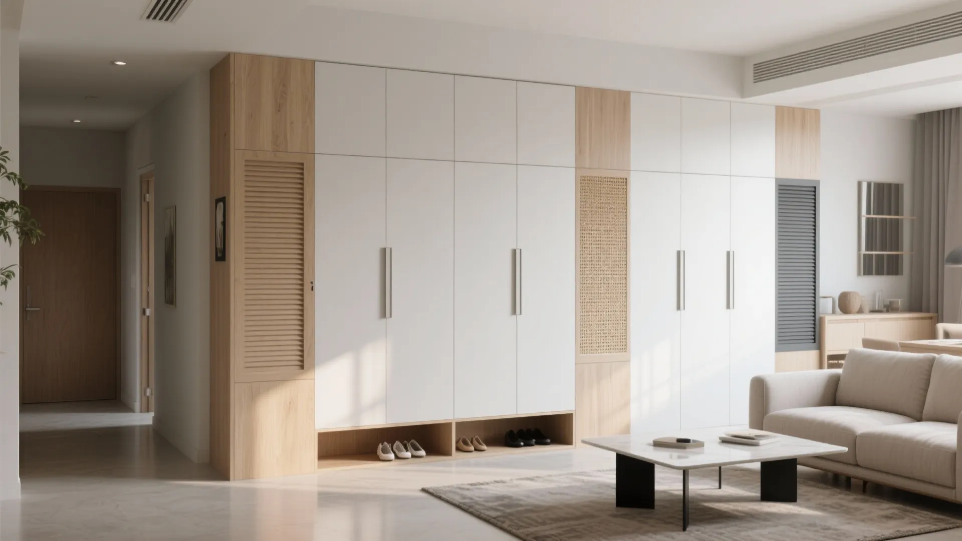 Minimalist storage wall for a calm living–dining