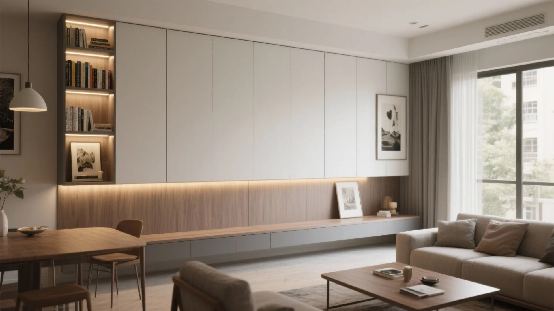 Living room with large white wall cabinet wooden paneling light fixture and a grey sofa