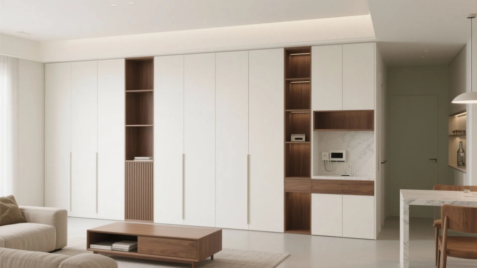 Minimalist storage wall in the living–dining