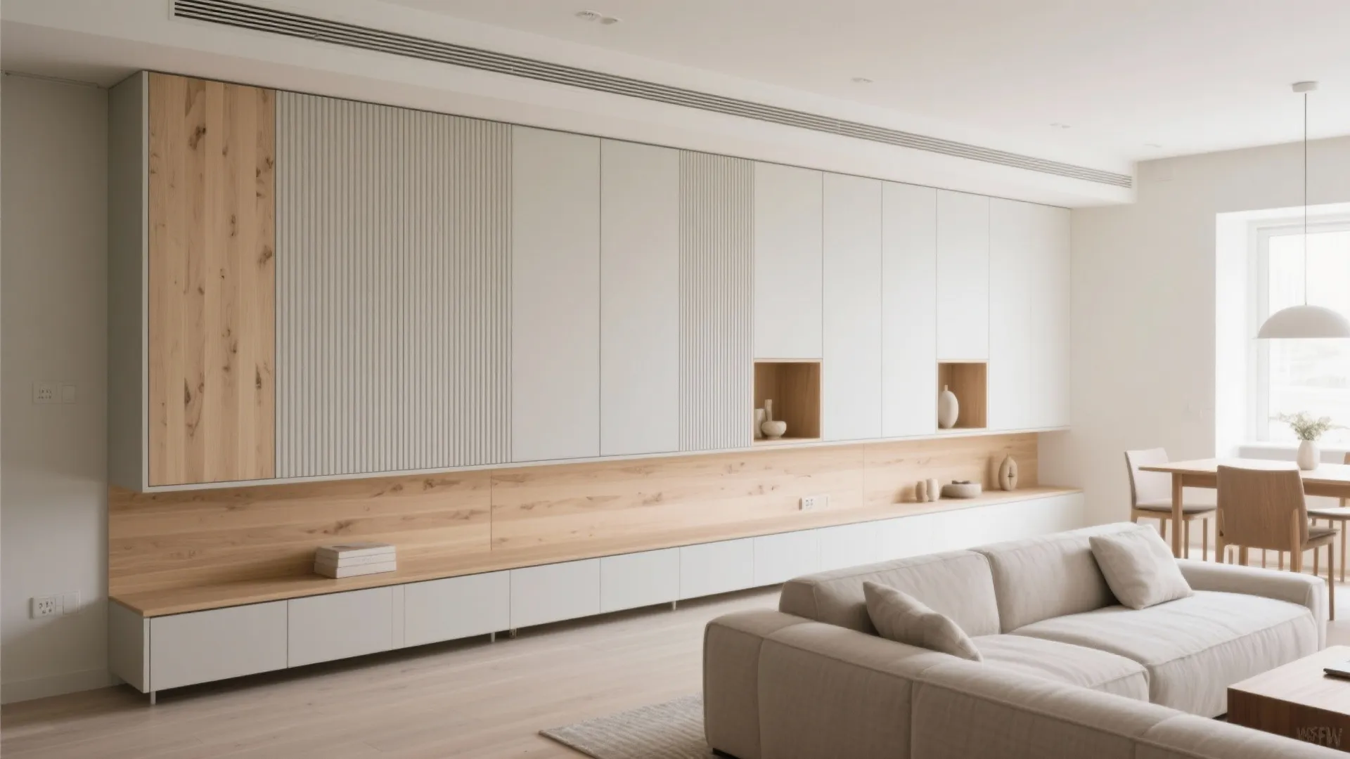 Warm-minimal storage wall in the living–dining
