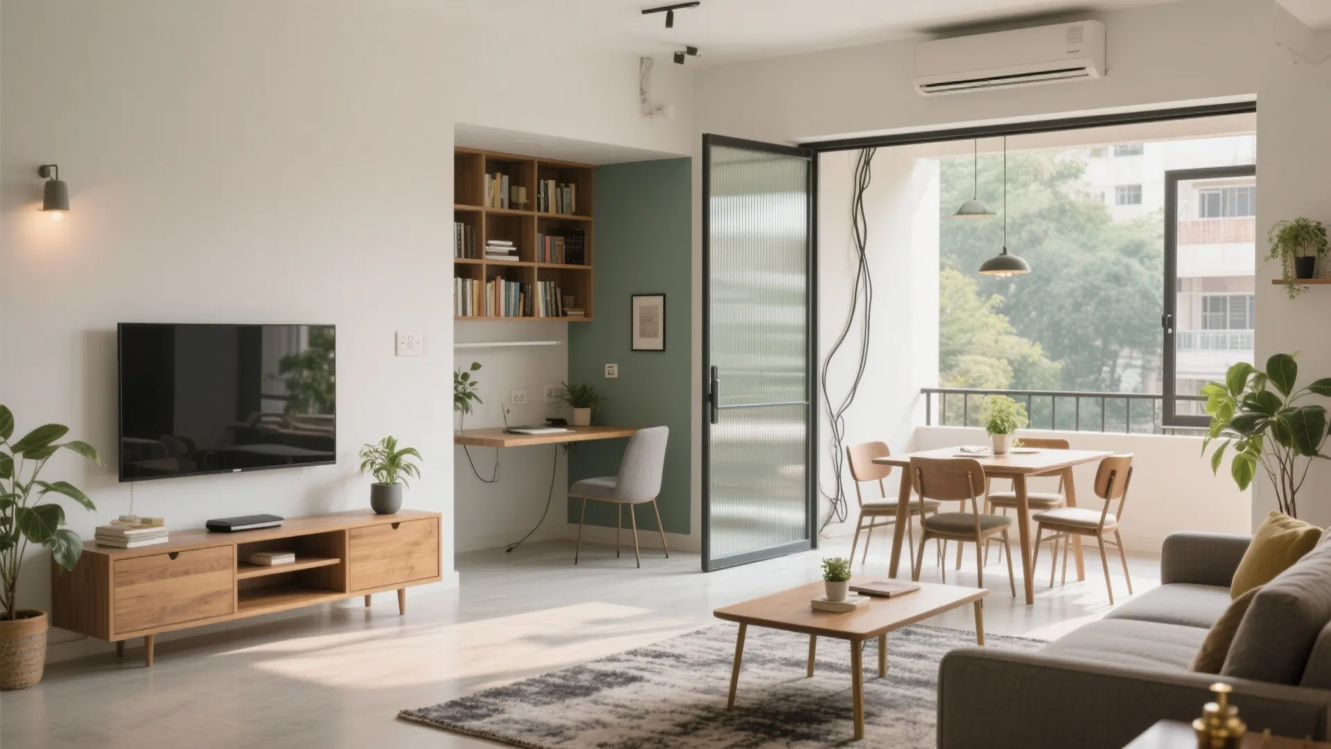 Modern open plan living room with tv cabinet desk area dining table sofa and large windows