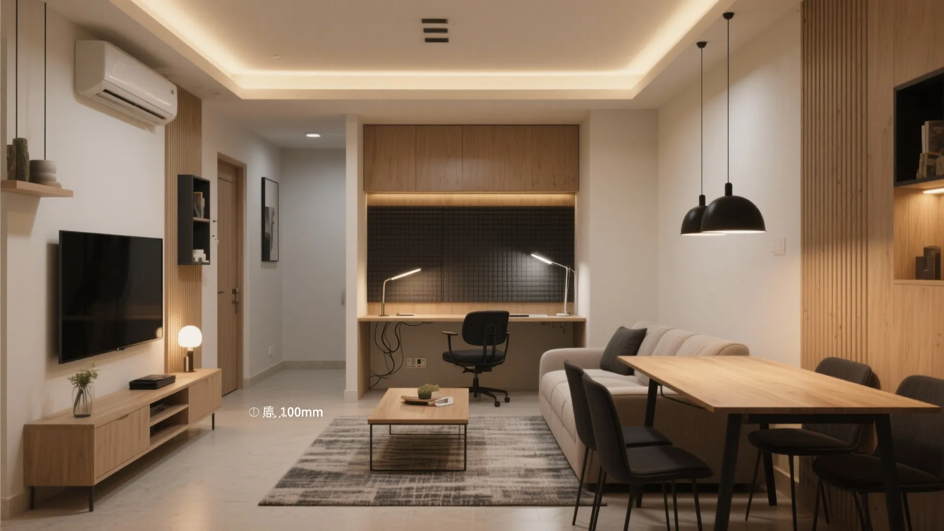 Flexible living-dining with a study nook