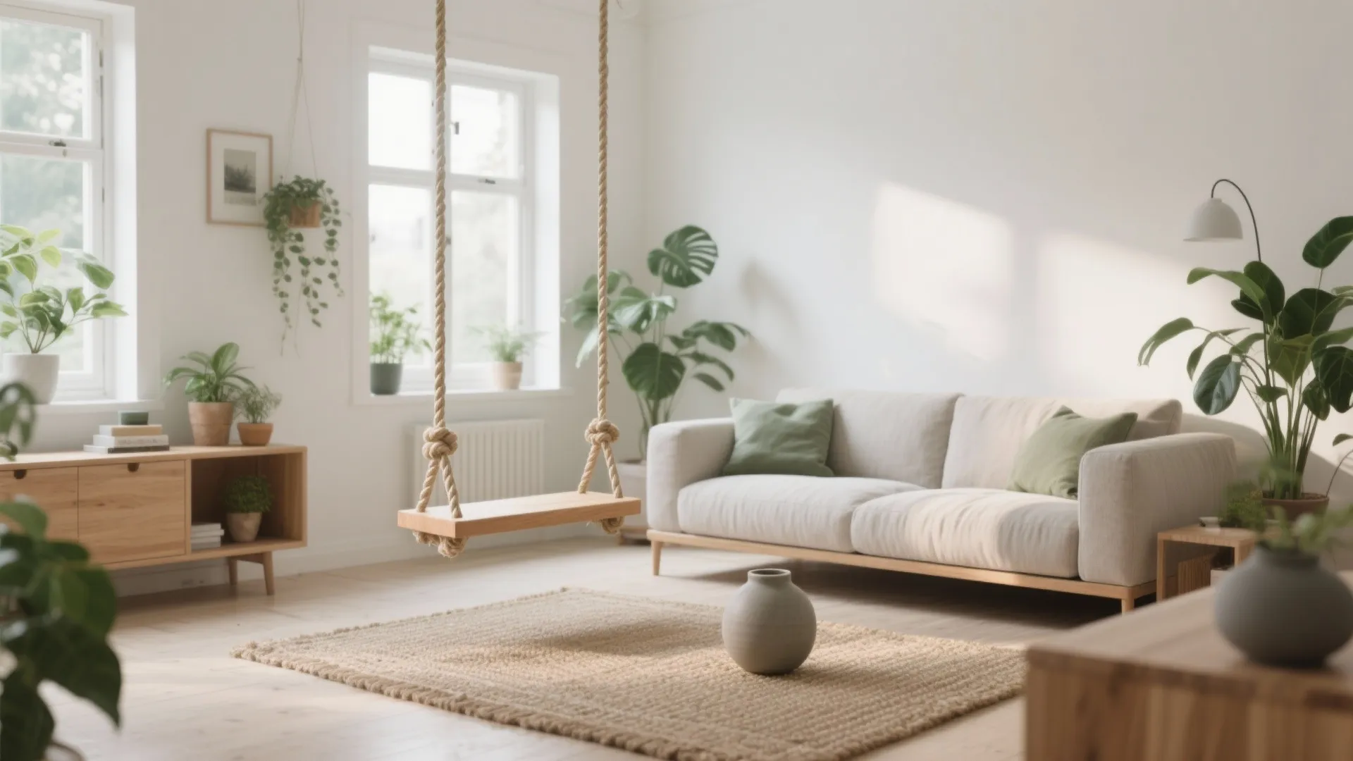 Bright living room with white sofa, green plants, rug, and a wooden swing hanging indoors