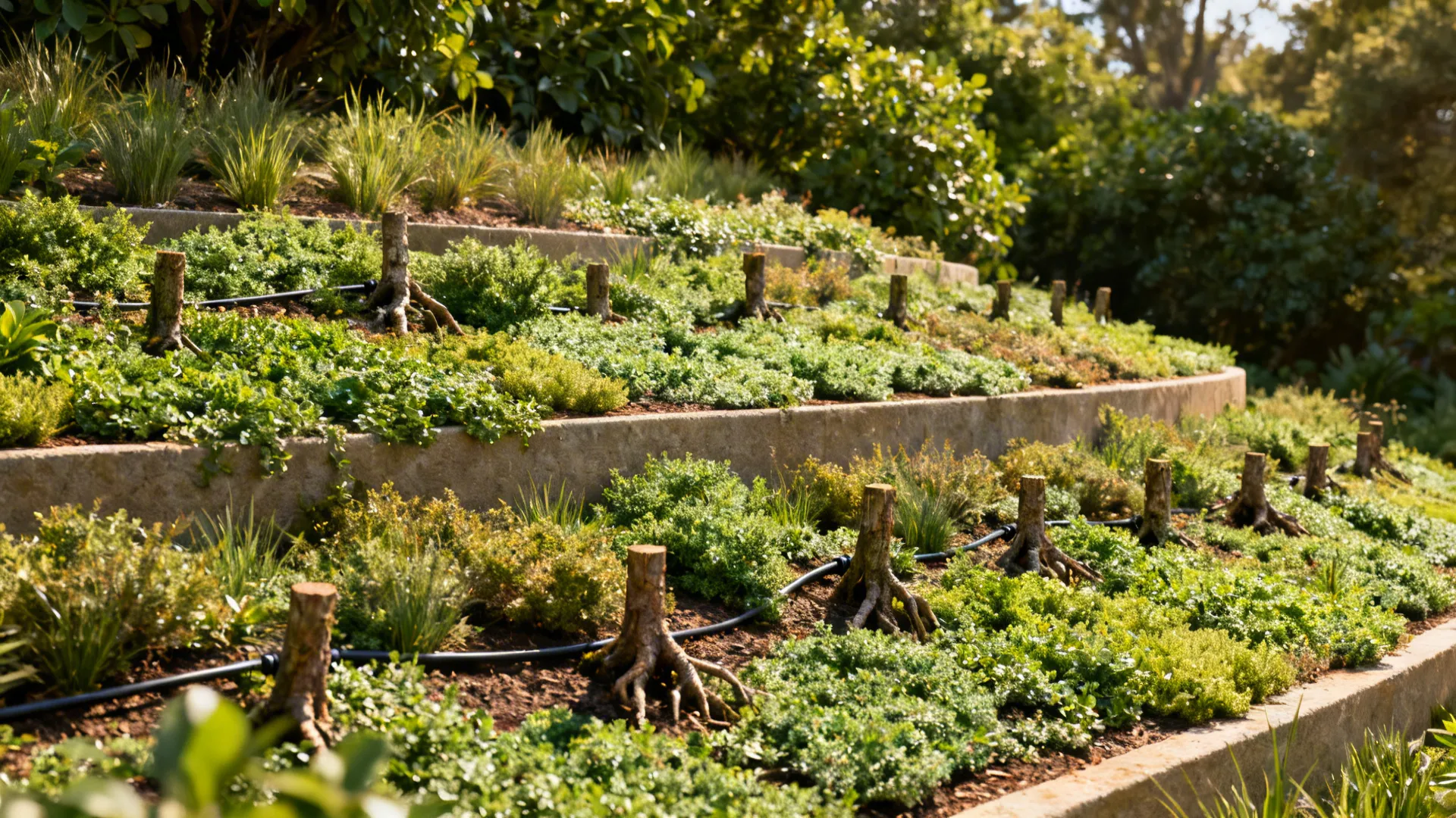 Living terraces with dense native groundcovers stabilizing a small slope.
