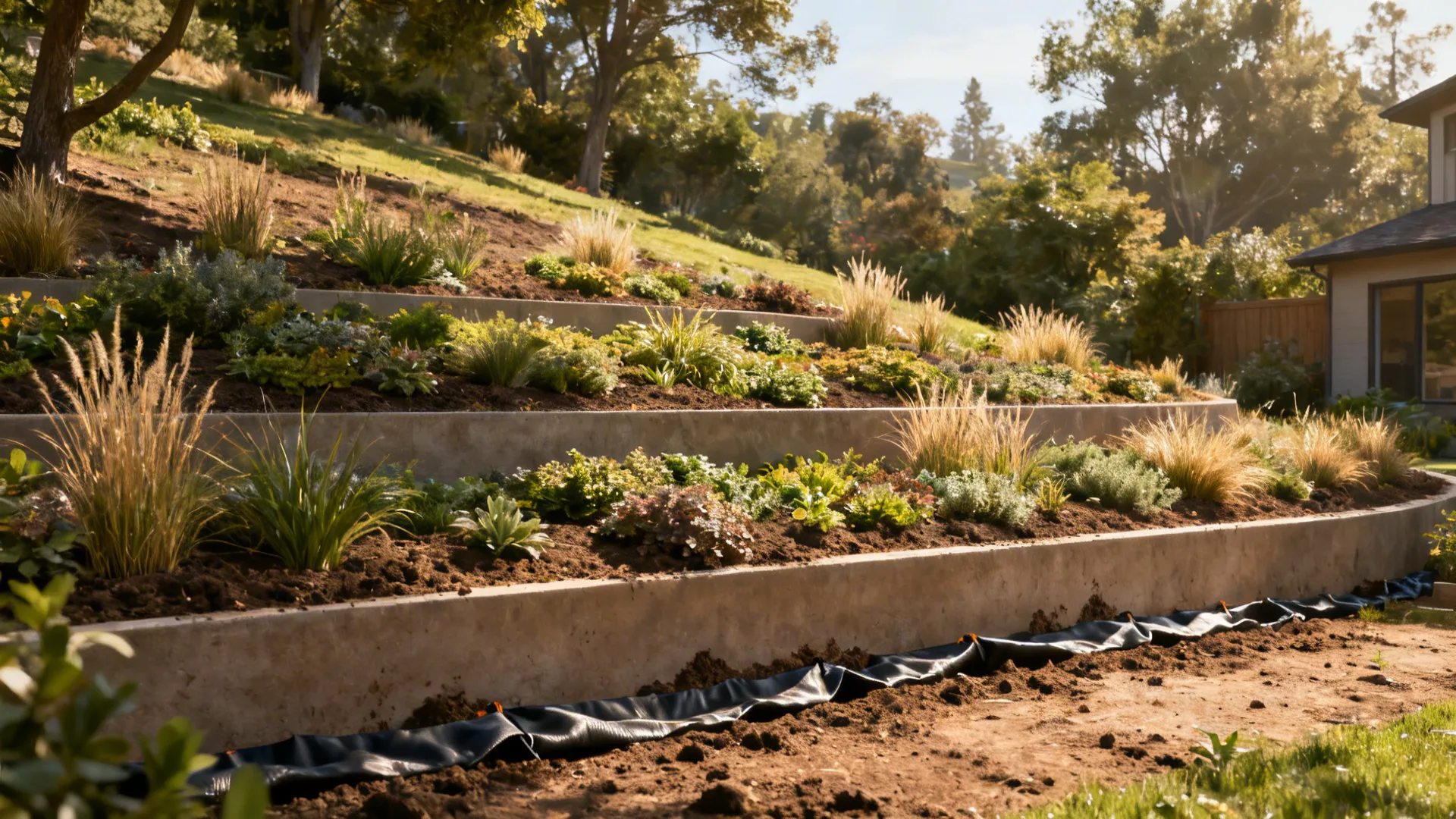 Shallow terraces with dense native groundcovers and grasses stabilizing a gentle slope