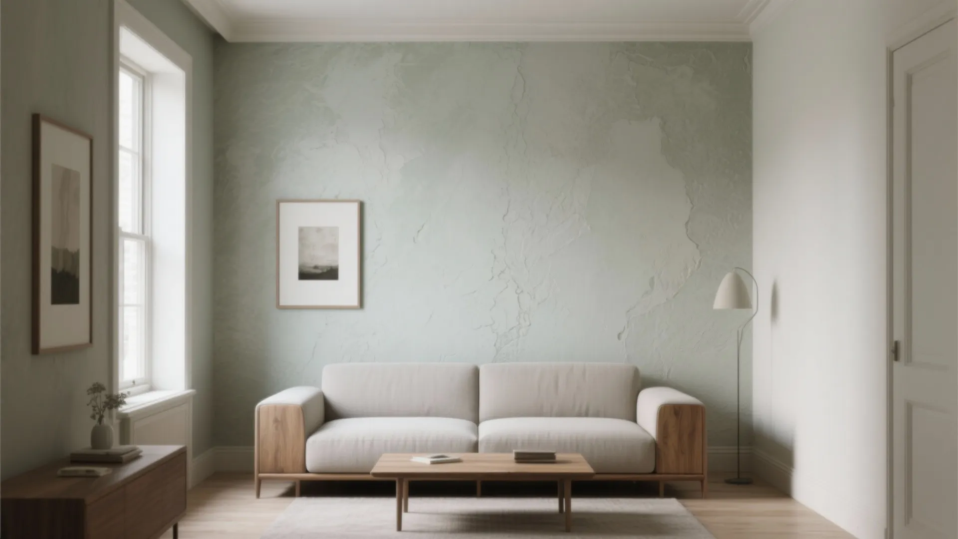 Minimalist living room with light green textured wall white sofa wooden table and floor lamp