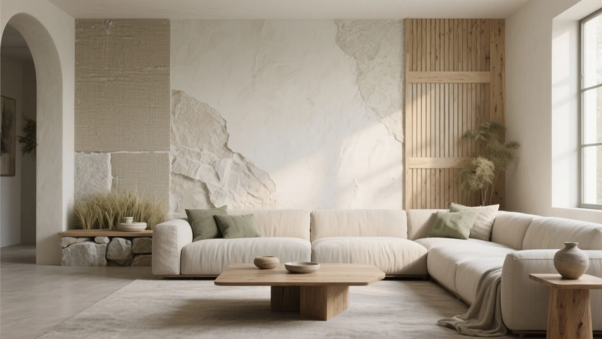 Modern living room with beige sofa, wooden table, textured wall panel, and large bright windows