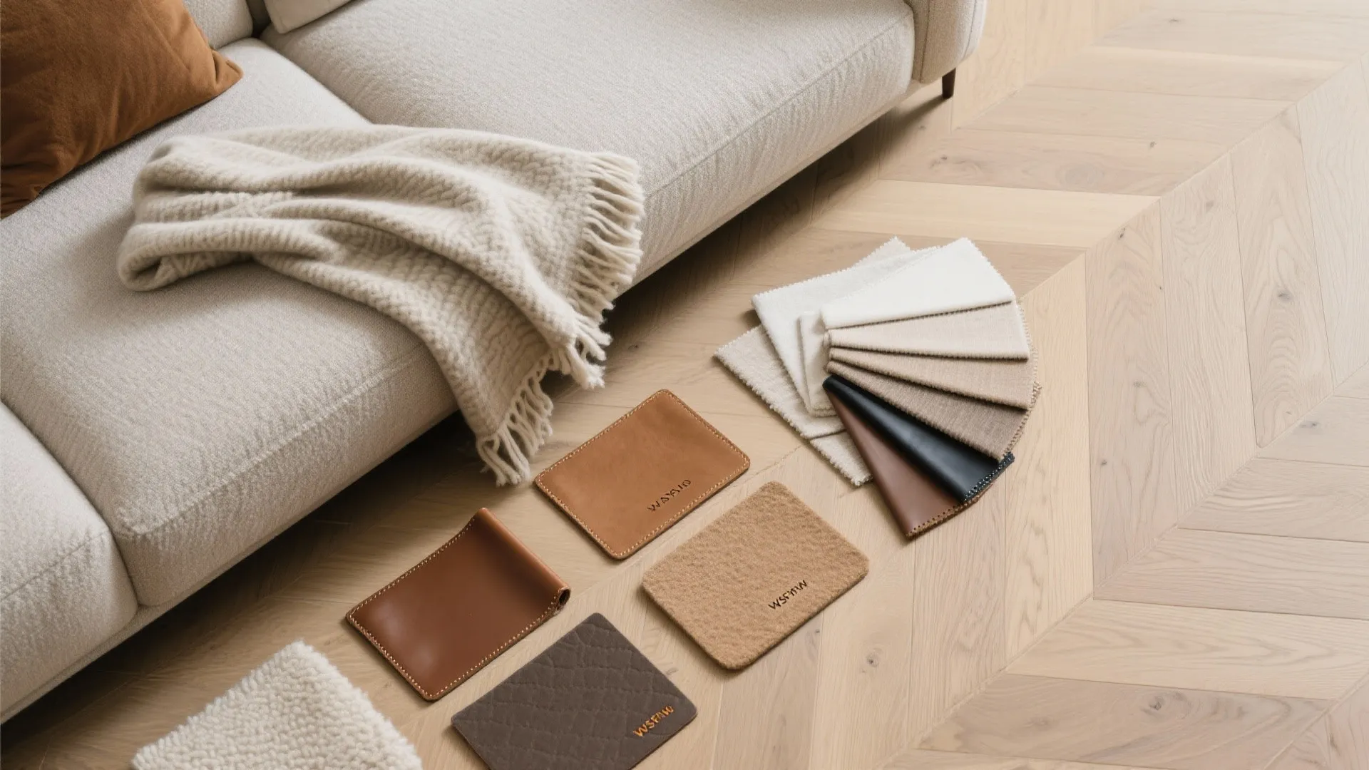 Soft beige sofa with blanket and colorful fabric and leather material samples on wooden floor