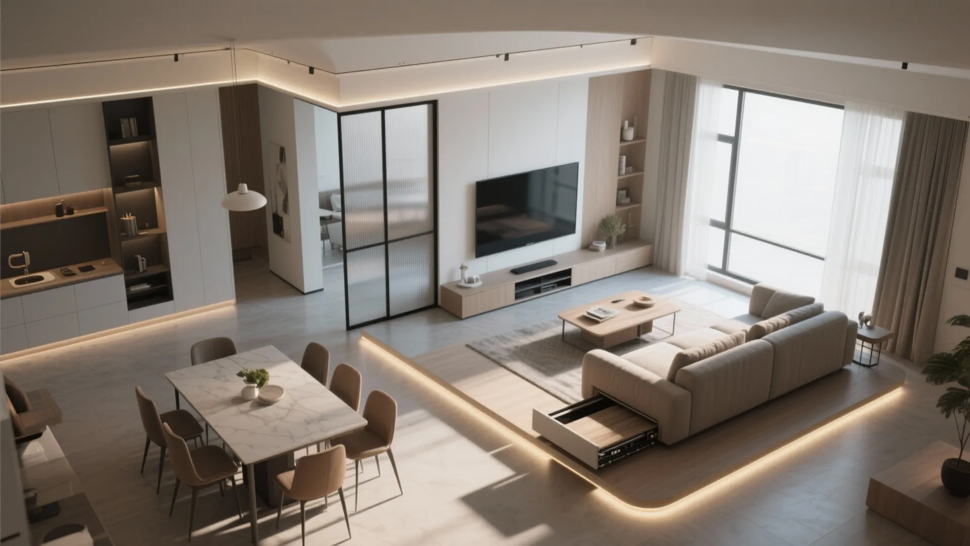 3) Flexible Living-Dining with Sliding Partition and Moveable Pieces