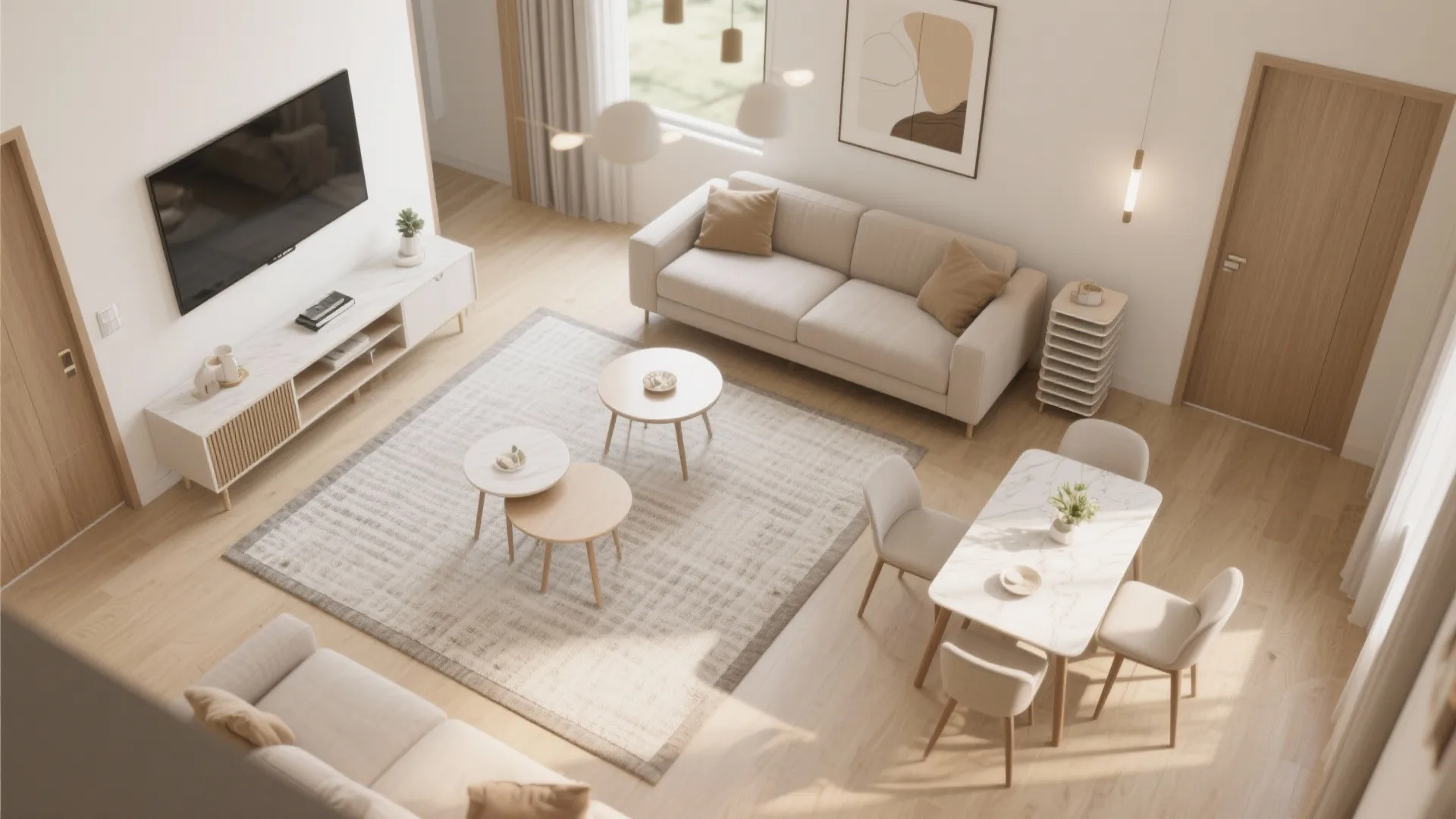 Flexible living-dining with nesting furniture