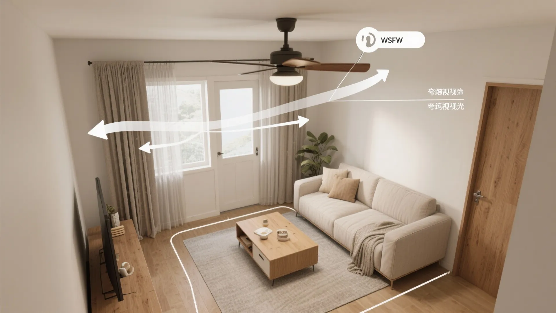 Interior design drawing of modern living room showing air flow from the black ceiling fan