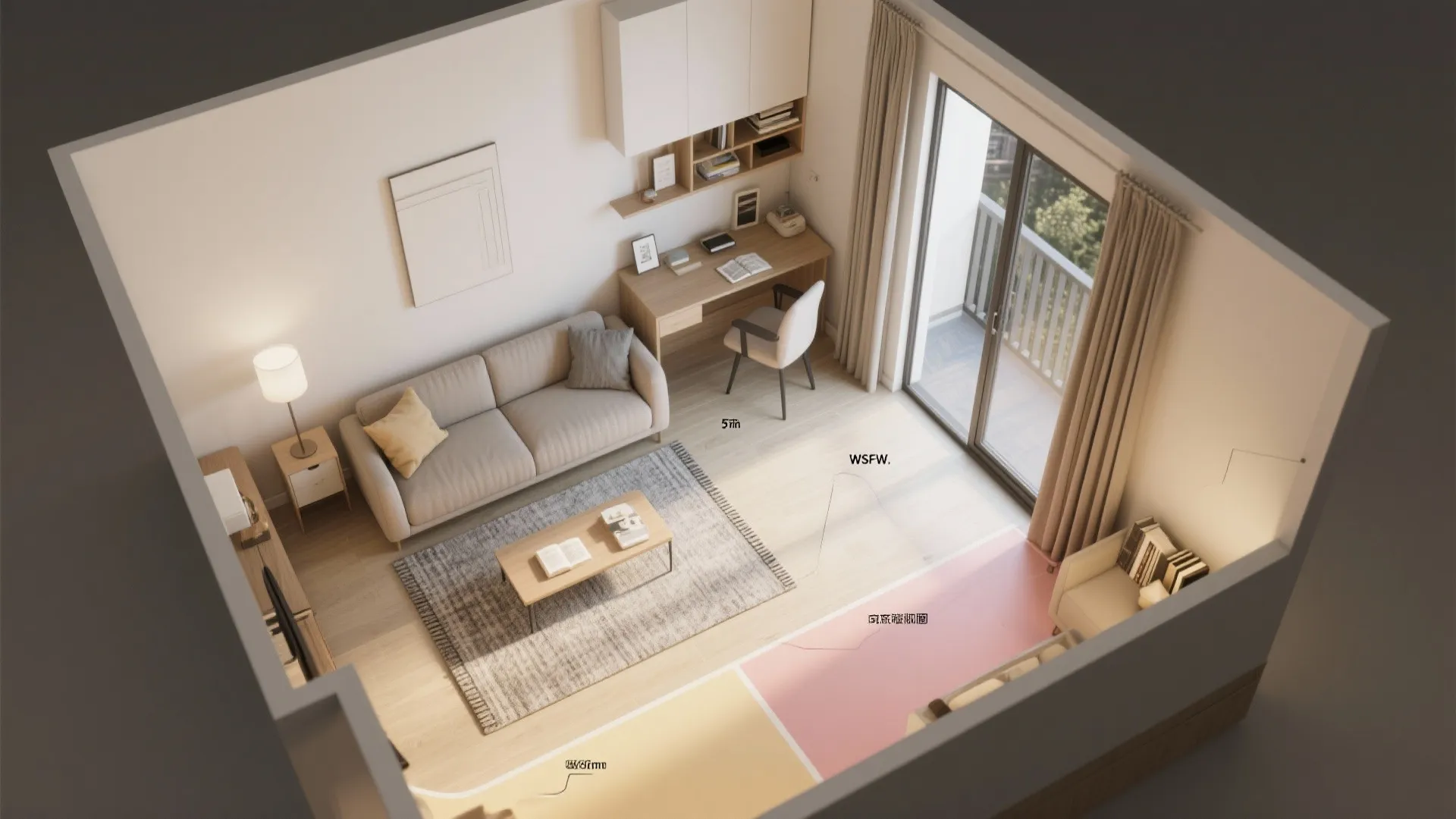 Flexible living room zoning for work, play, and guests