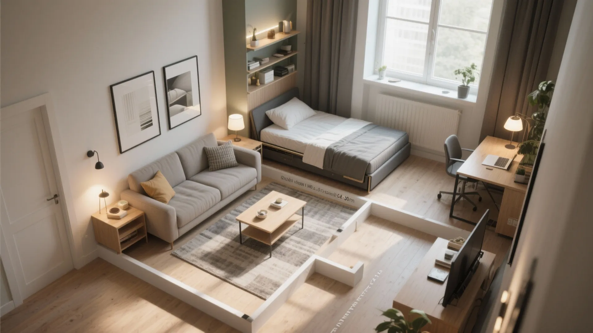 Multi-Functional Living: Sofa Bed, Fold-Down Desk, Zoned Lighting