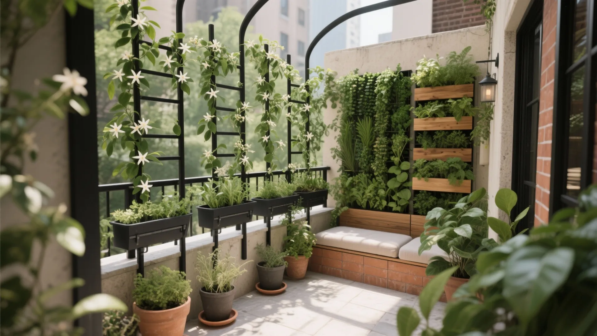 Sunlit outdoor balcony with climbing white flowers black metal frames potted plants and wooden seating
