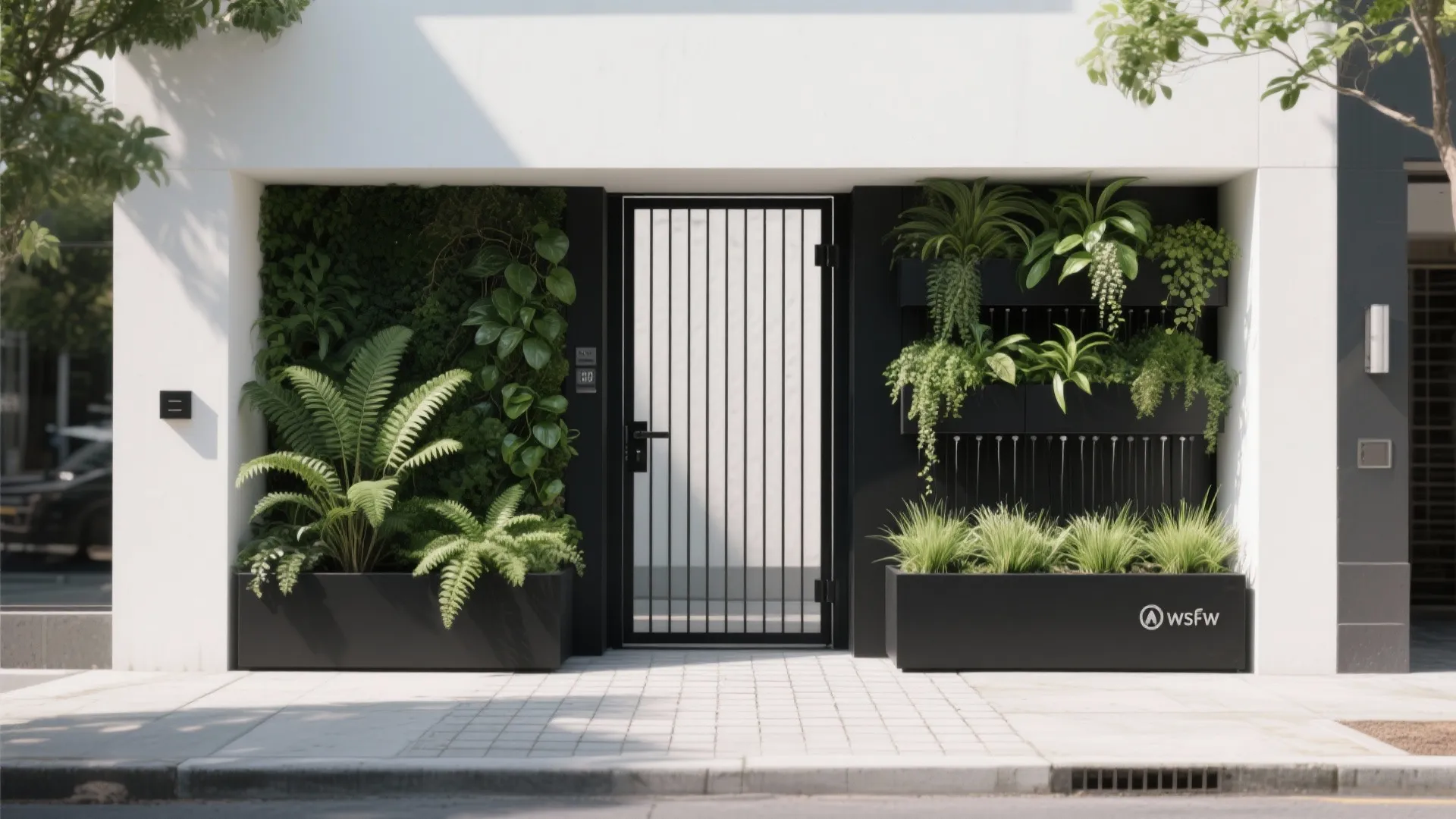 Green Living Wall Framing a Matte-Black Gate