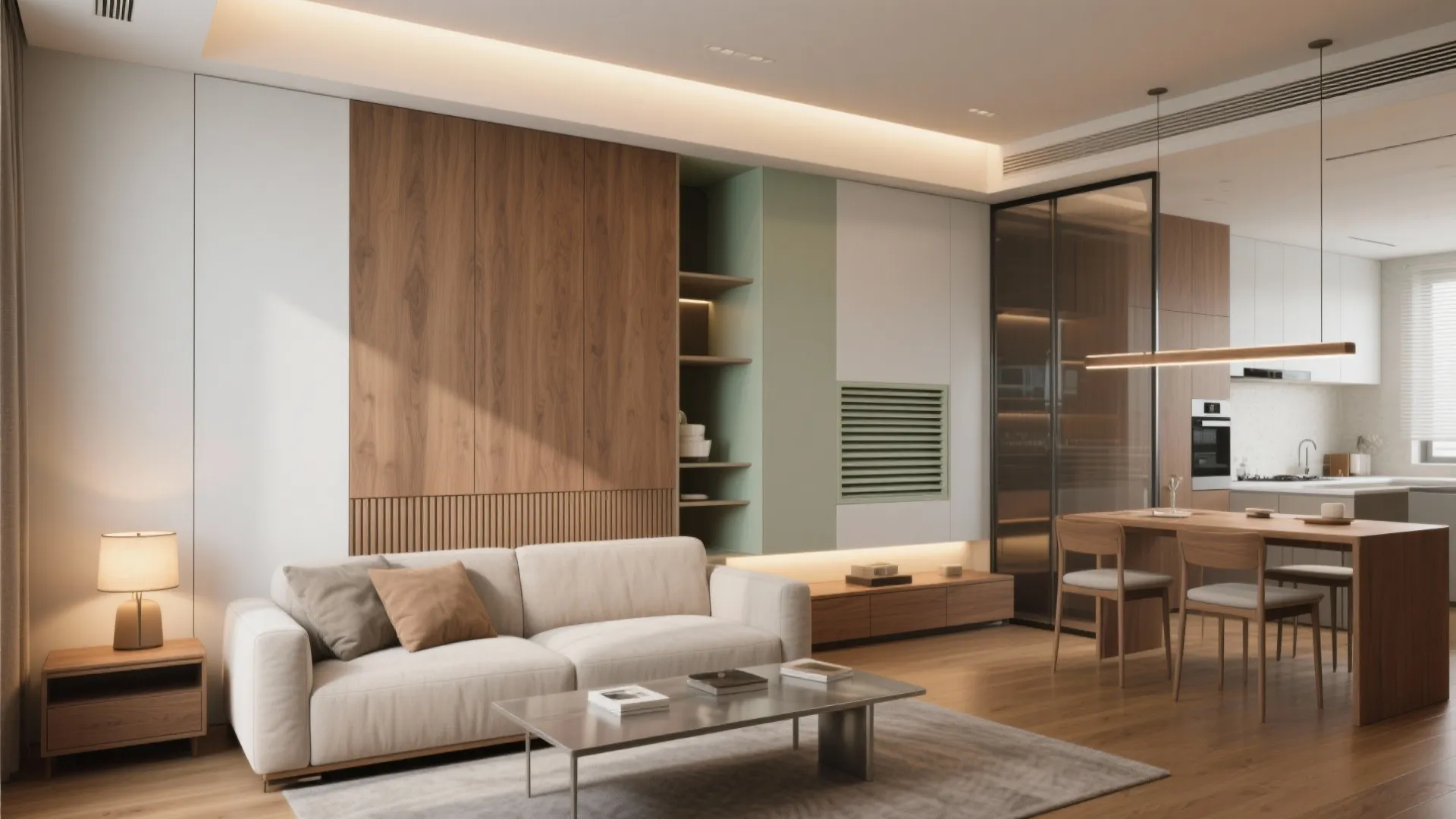 Warm-Minimal Living-Dining with a Seamless Storage Wall