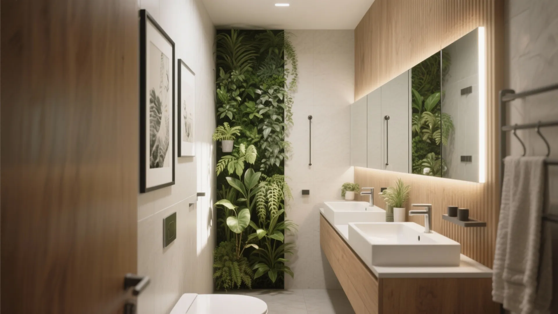 Modern bathroom featuring vertical green living wall double sinks wooden cabinet mirror with integrated light