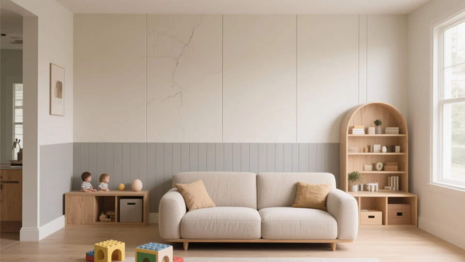 Modern living room with beige sofa yellow pillows grey wall panel and wooden arched shelf