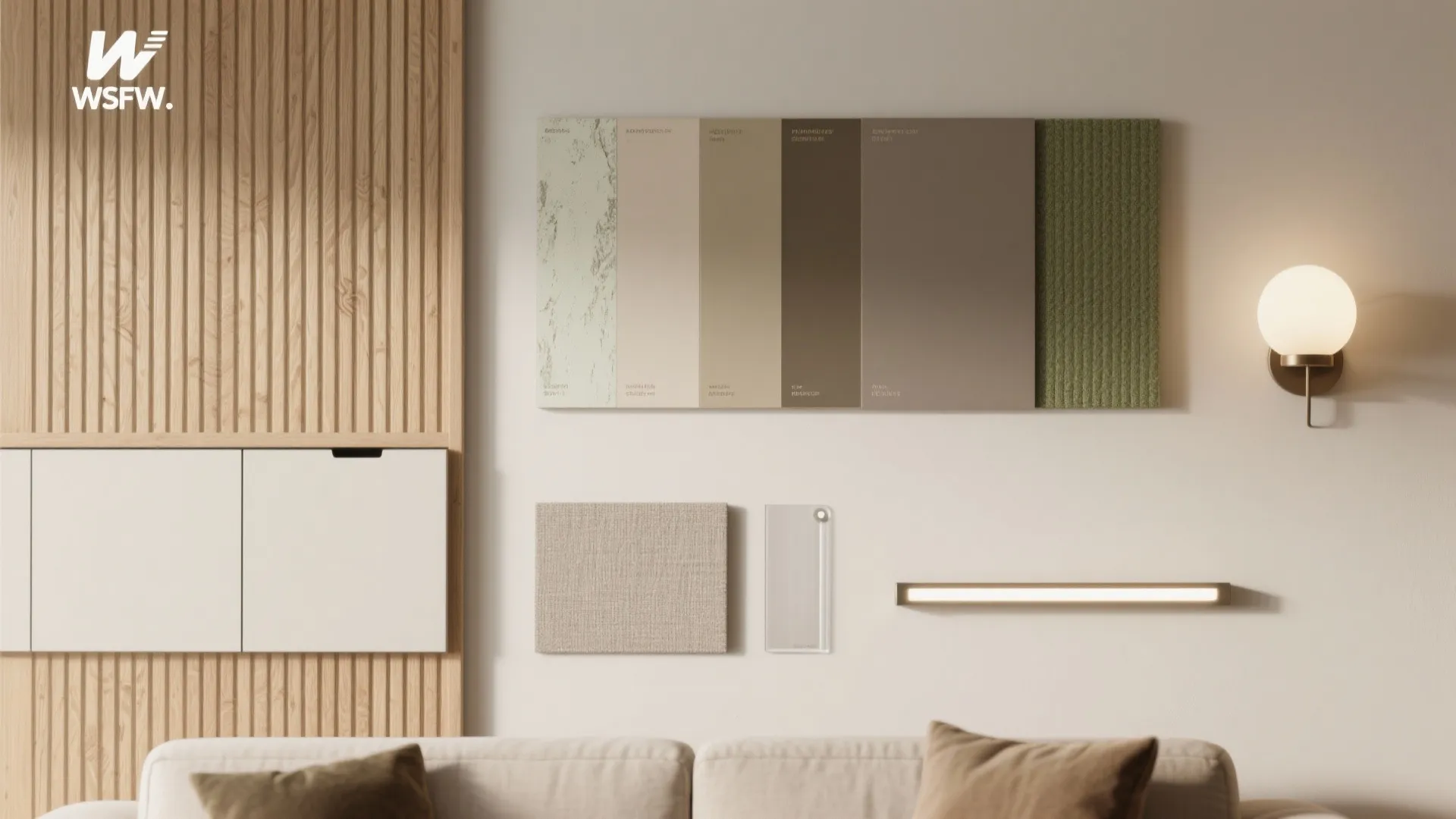 Interior design mood board on white wall with wood panel swatches fabric samples and lights