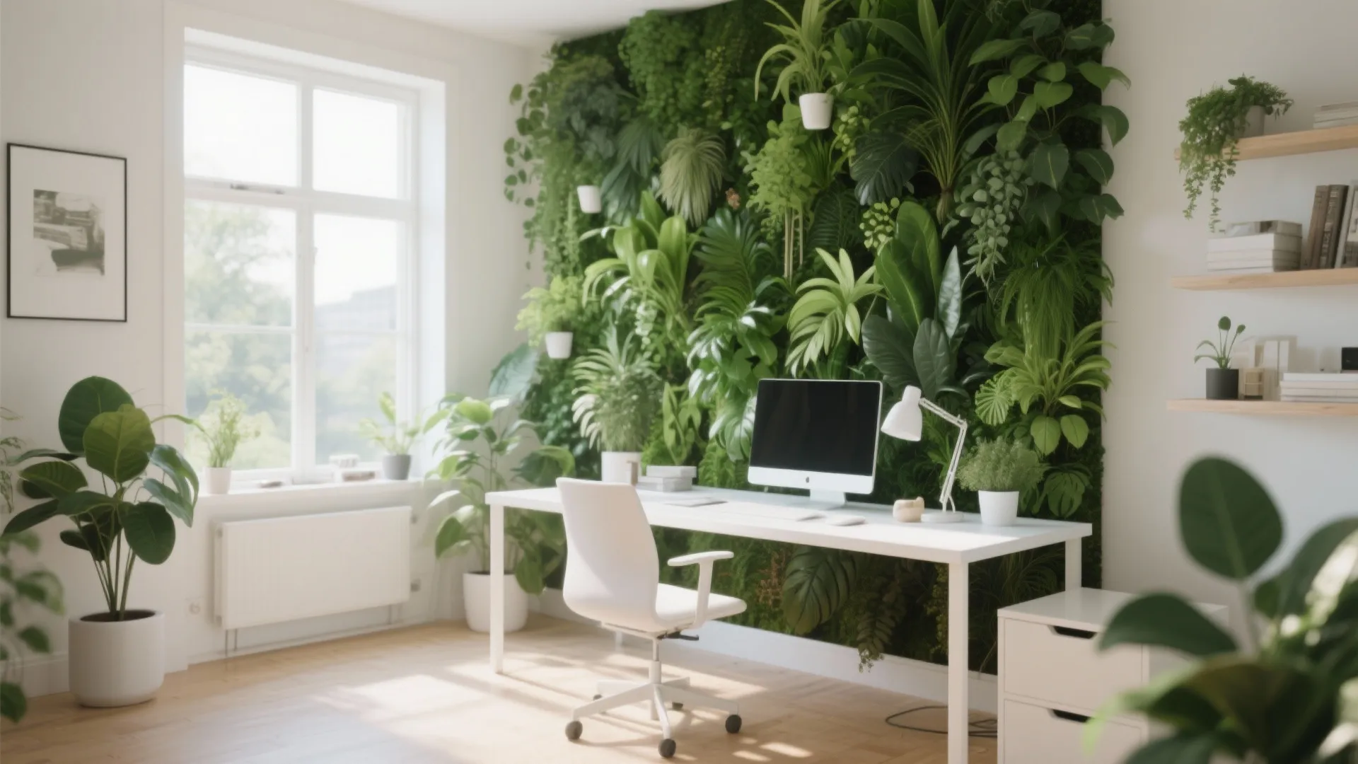 Bright home office with white desk white chair and large green plant wall behind computer