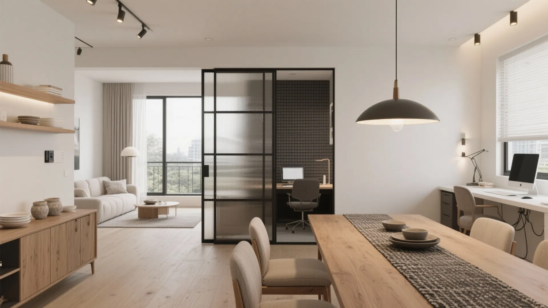 3) Open living–dining with a quiet pocket for WFH