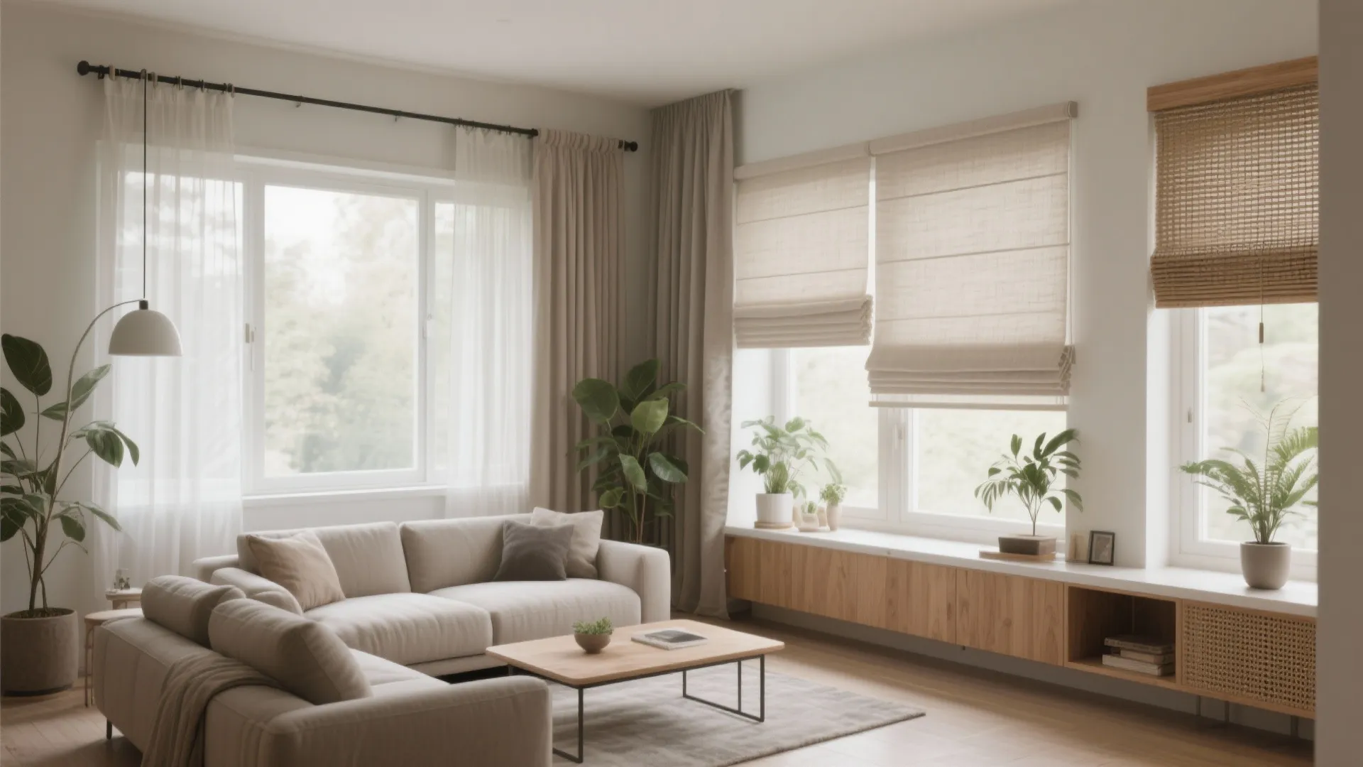 Modern living room with beige sofa, wood coffee table, multiple window curtains, and green plants