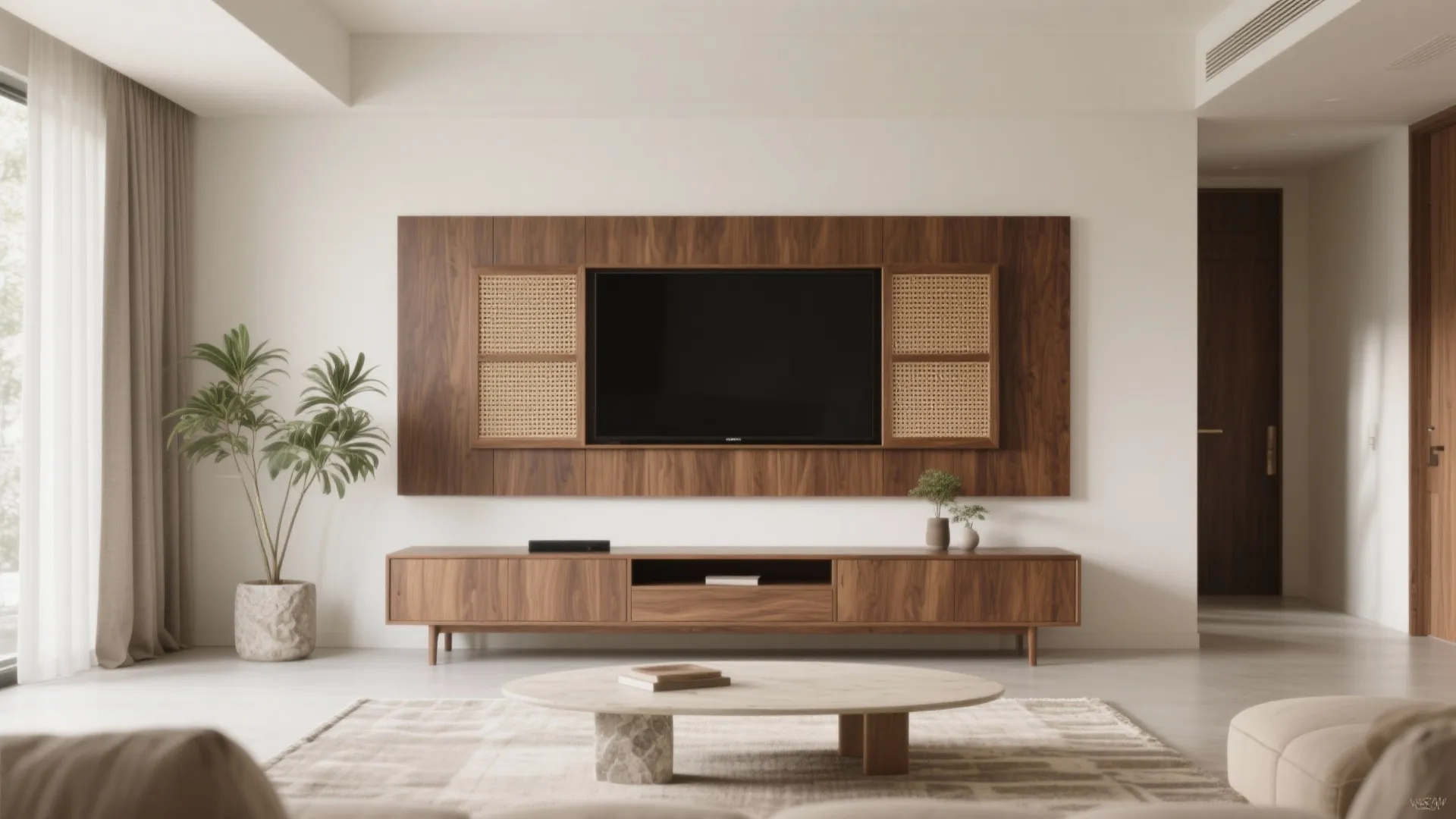 The warmth of wood elements in the living room