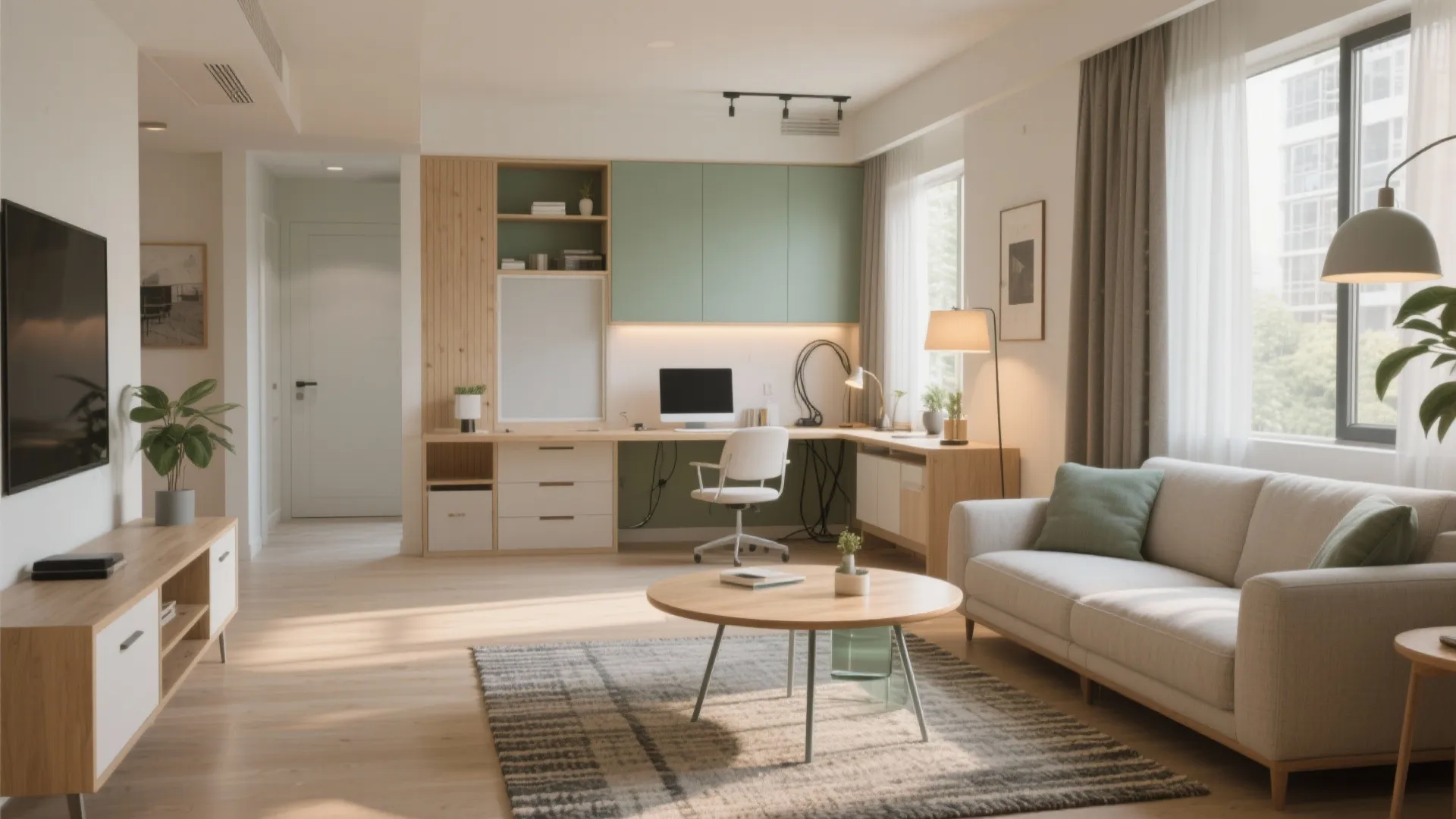 Zone the living-dining with a hybrid work nook