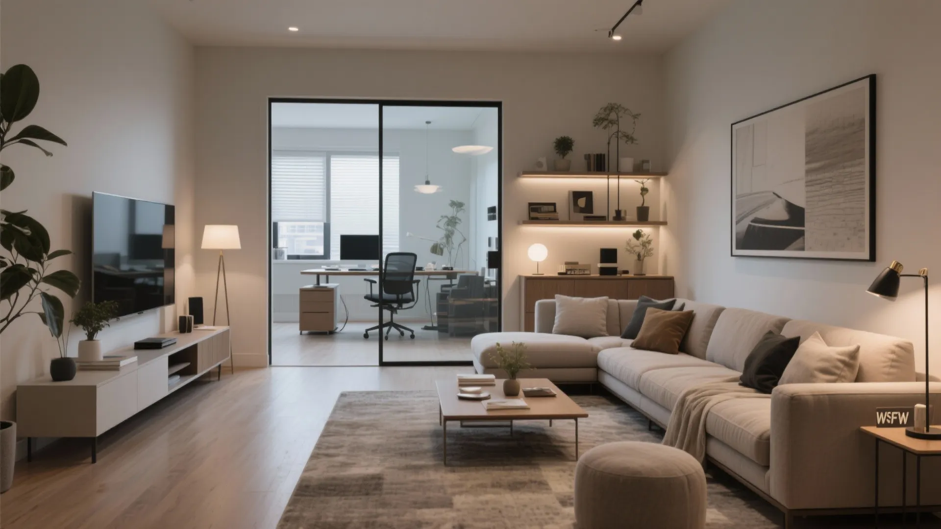 Living room seamlessly combined with a compact workspace