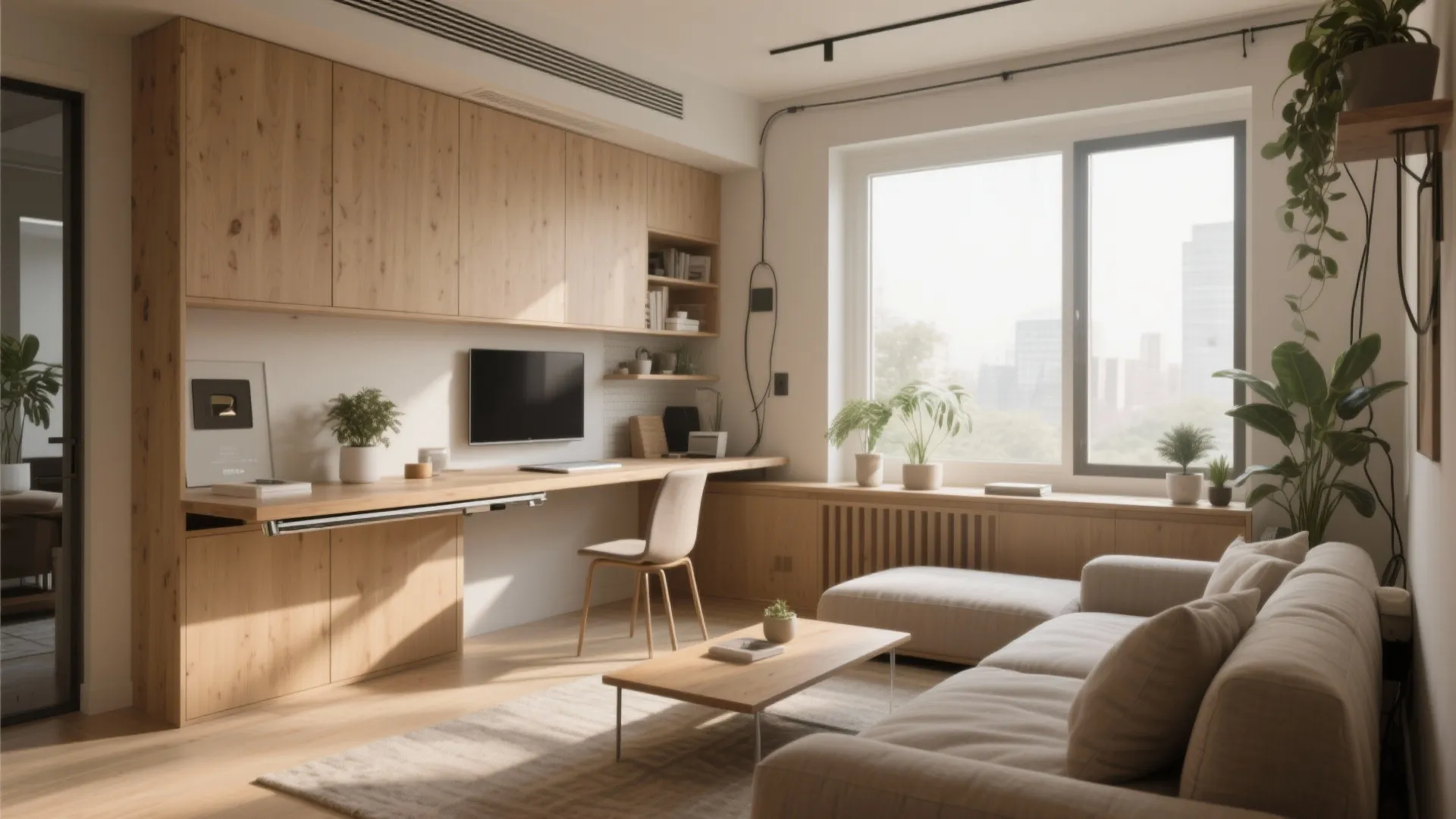 Modern living room with wooden wall cabinets long desk computer chair sofa and coffee table