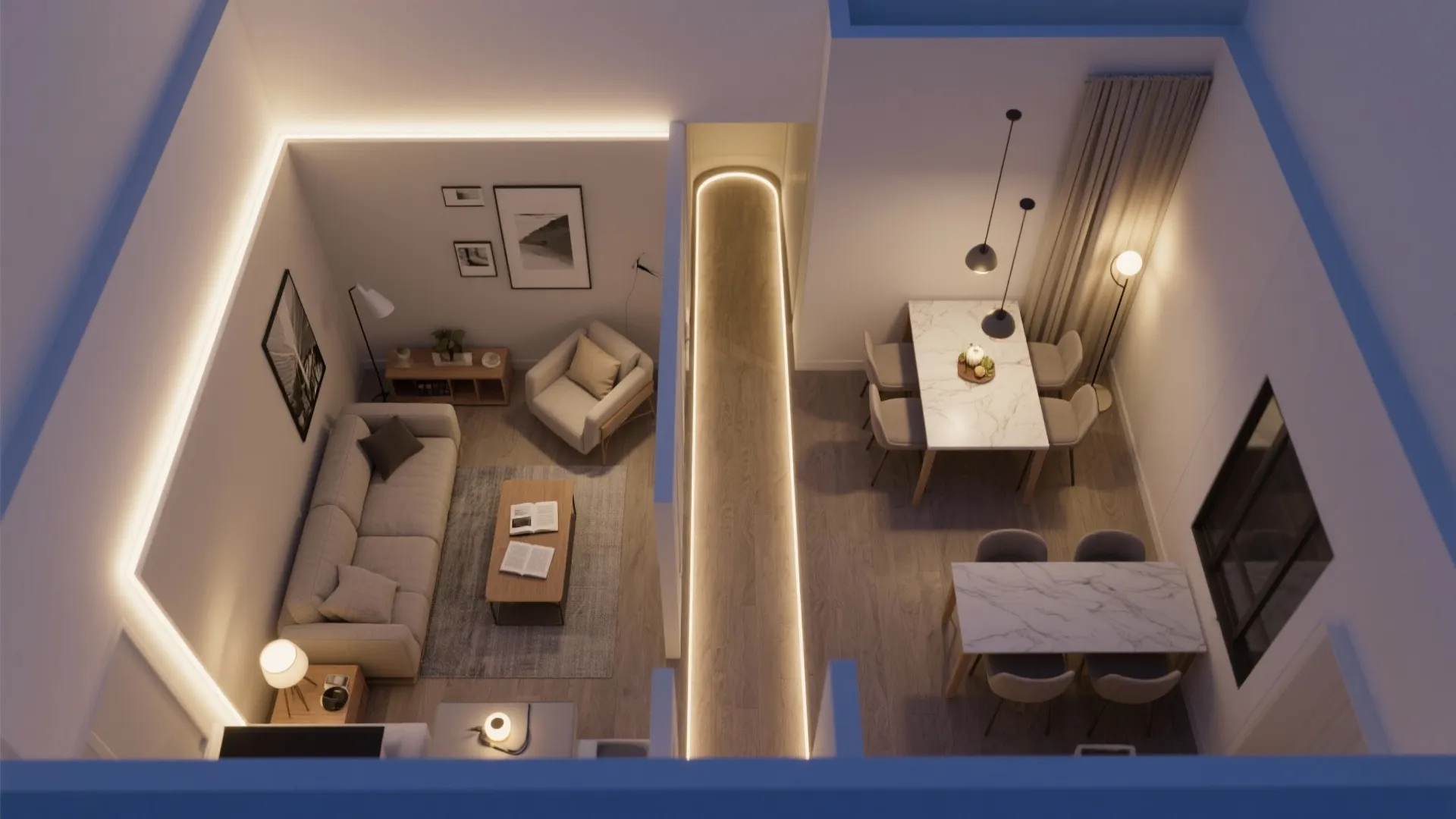 Top-down plan-style render showing living-dining furniture and lighting zones with clear circulation.