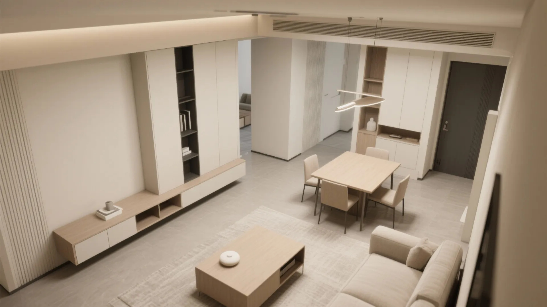 Minimalist storage zoning in the living–dining core