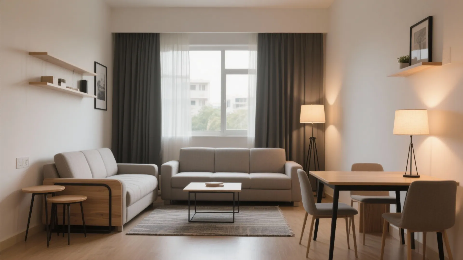 Transformable living: sofa-bed, fold table, and zoning