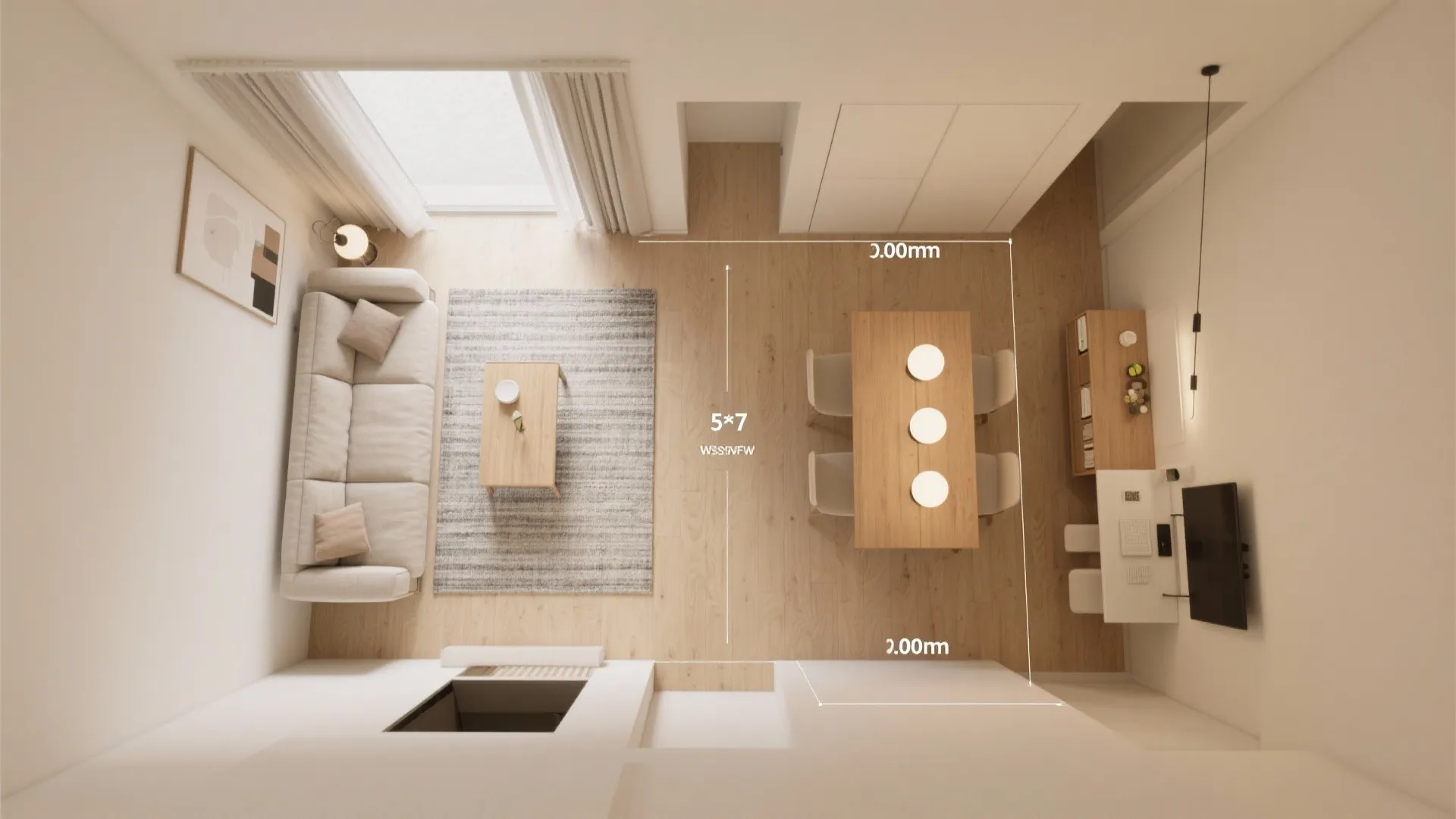 Top view of room layout showing living area with sofa and dining table with chairs