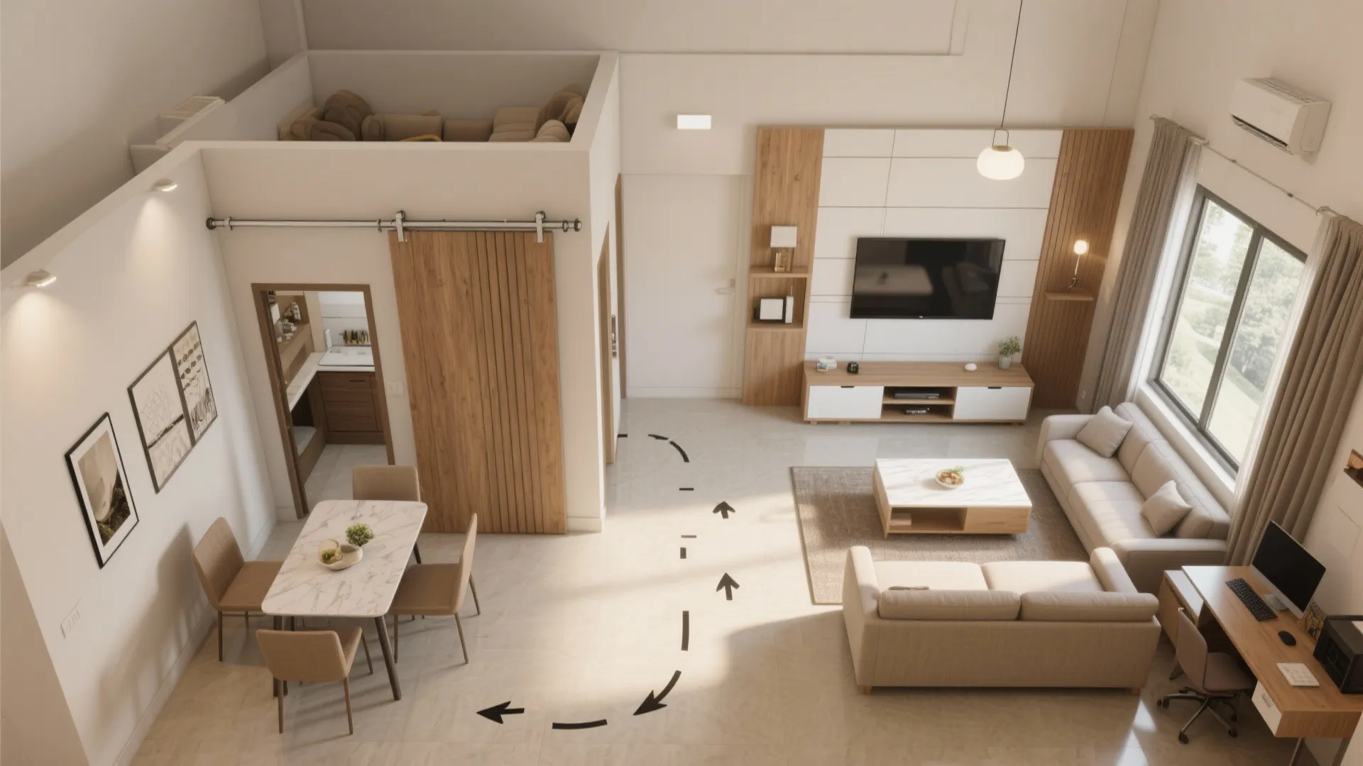 Top view of modern living room layout showing dining area sofa television and open stairs