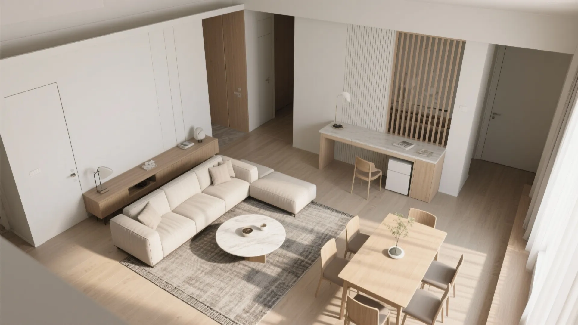 Flexible Living-Dining with a Convertible Work Nook