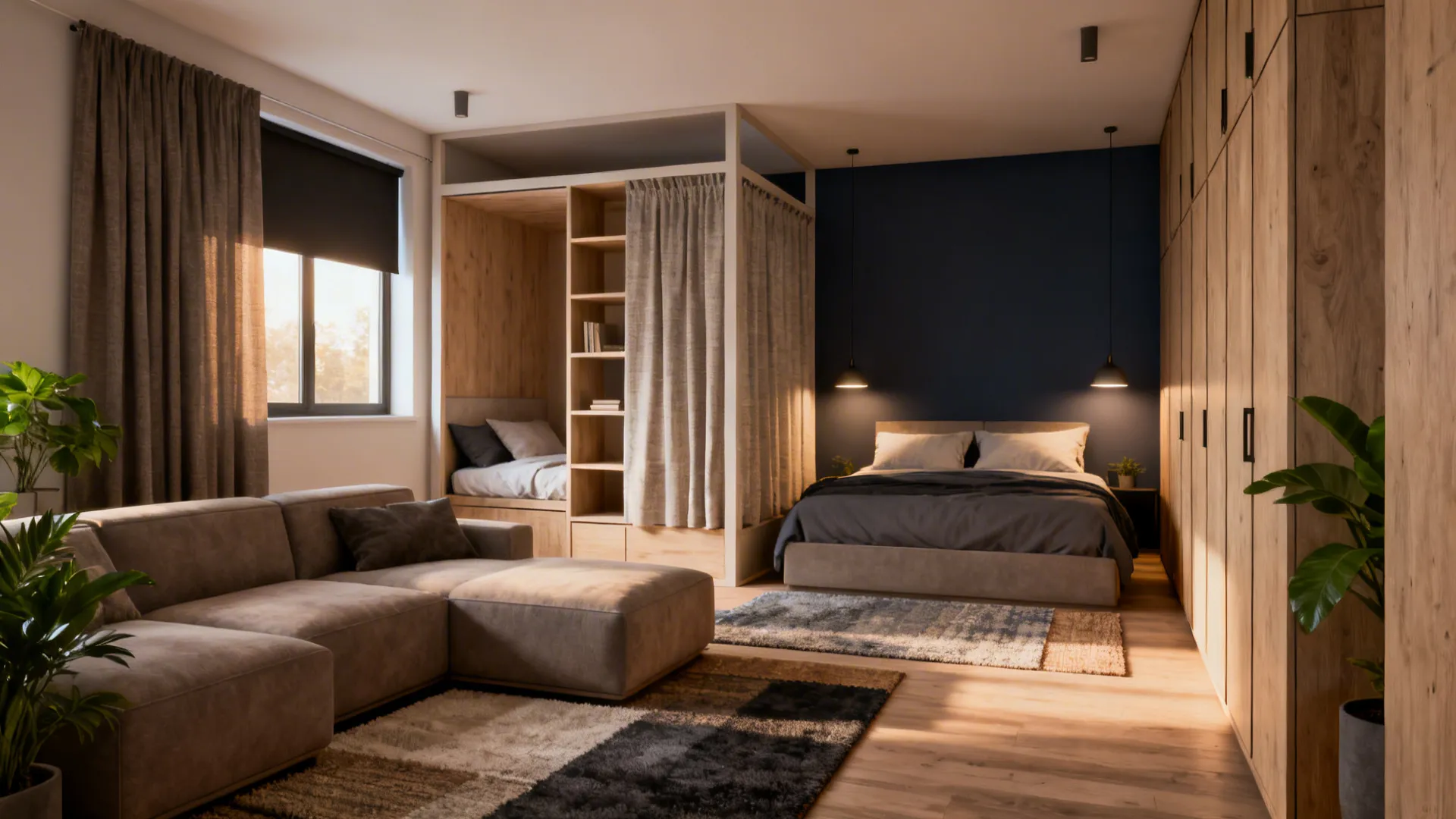 Modern open studio apartment featuring brown sofa wooden sleeping nook large bed and wooden cabinets