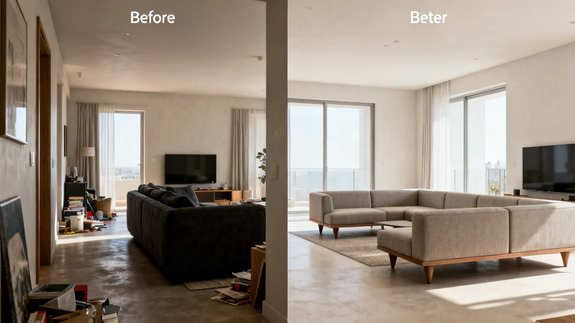 Split view showing a cramped living room before and an airy modular setup after.