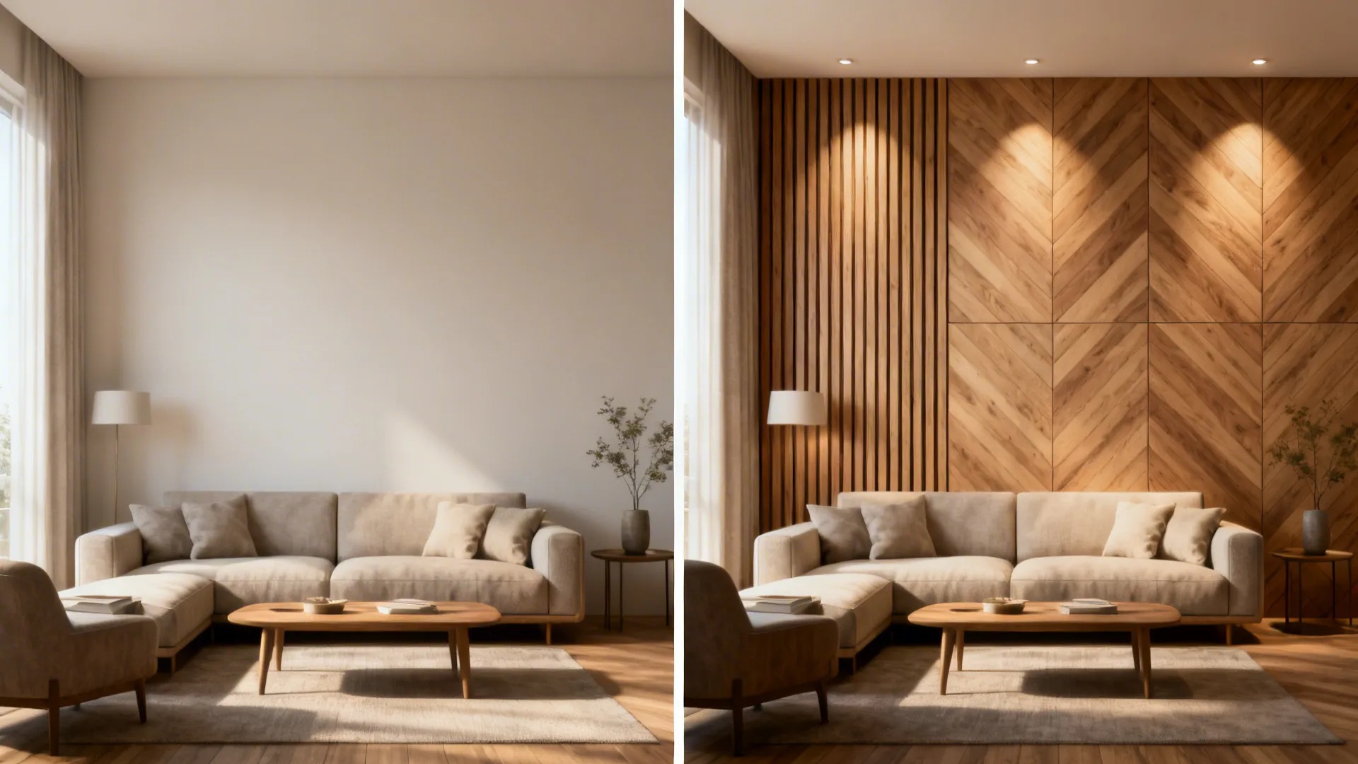 Before-and-after of a small living room transformed by wooden wall tiles and soft lighting.